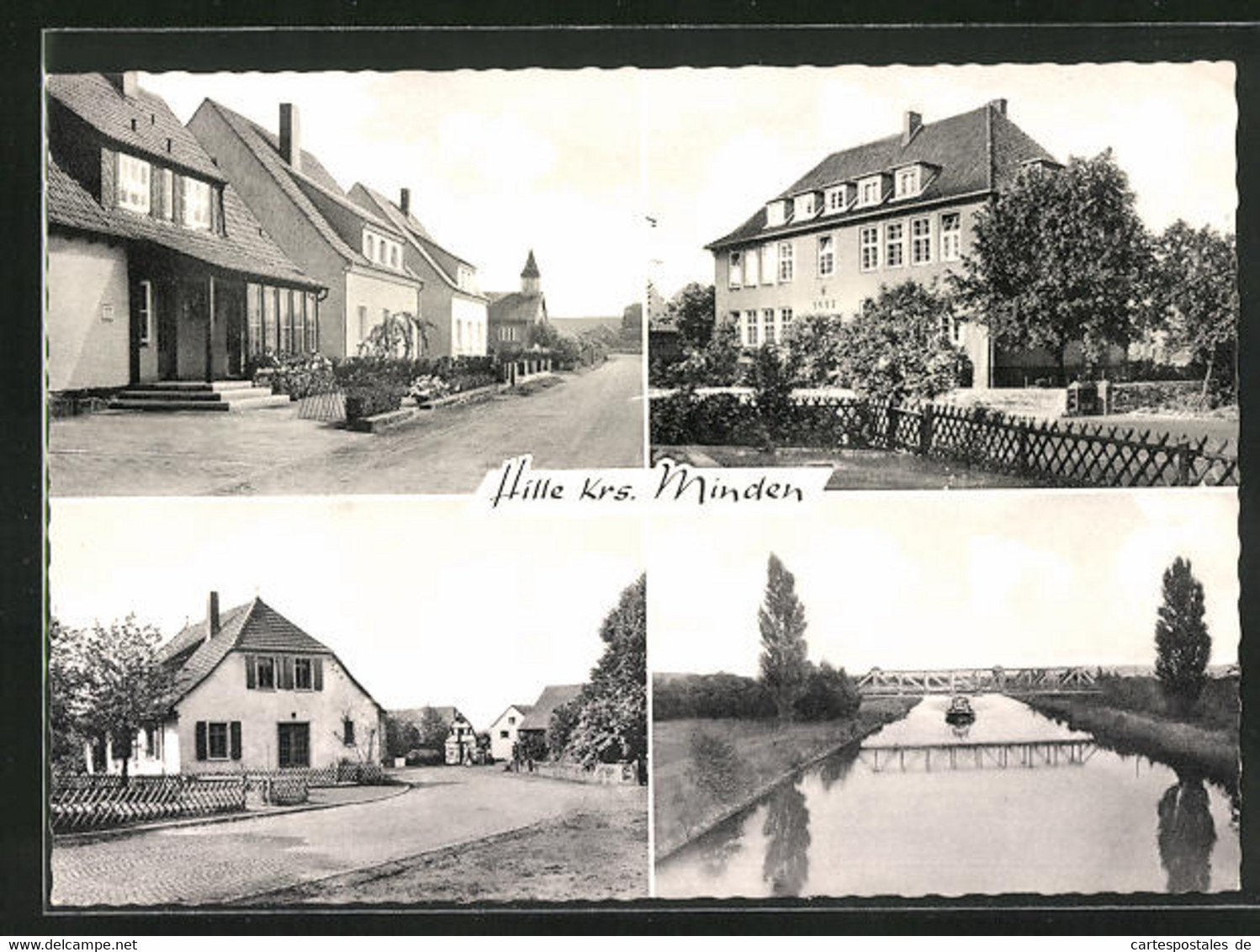 AK Hille /Krs. Minden, Gebäudeansicht, Strassenpartie Mit Kirche, Brücke Und Boot - Minden