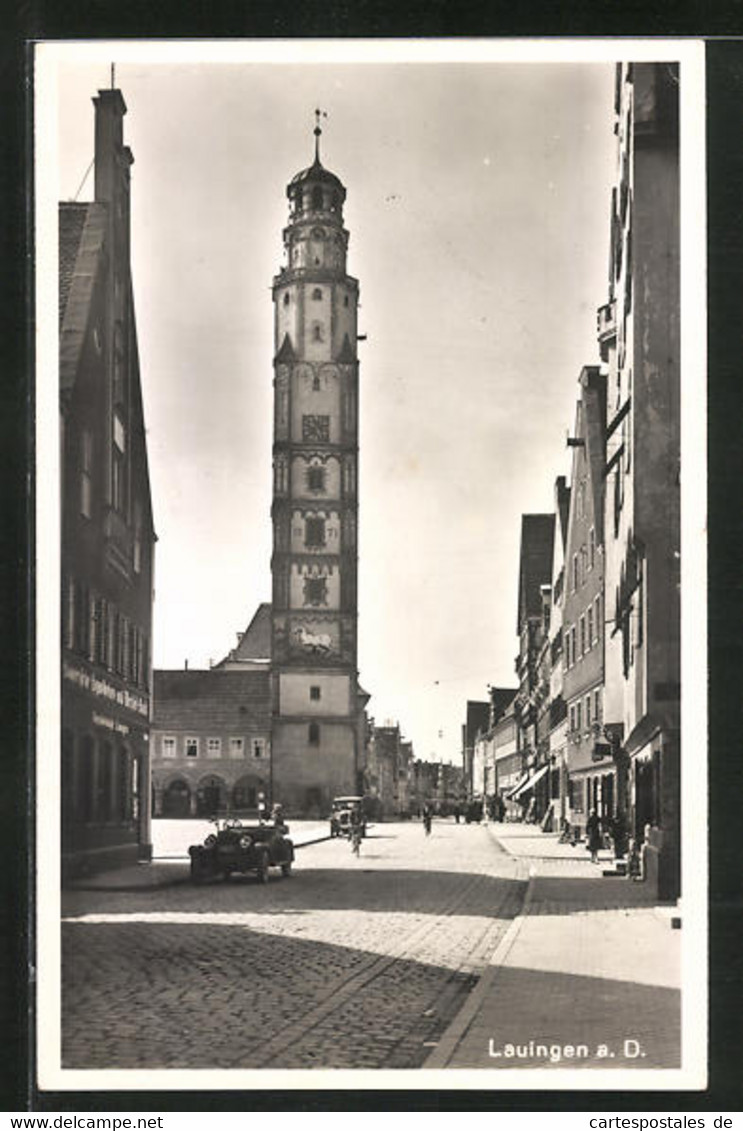 AK Lauingen A. D., Ortsansicht Mit Strassenblick Und Turm - Lauingen