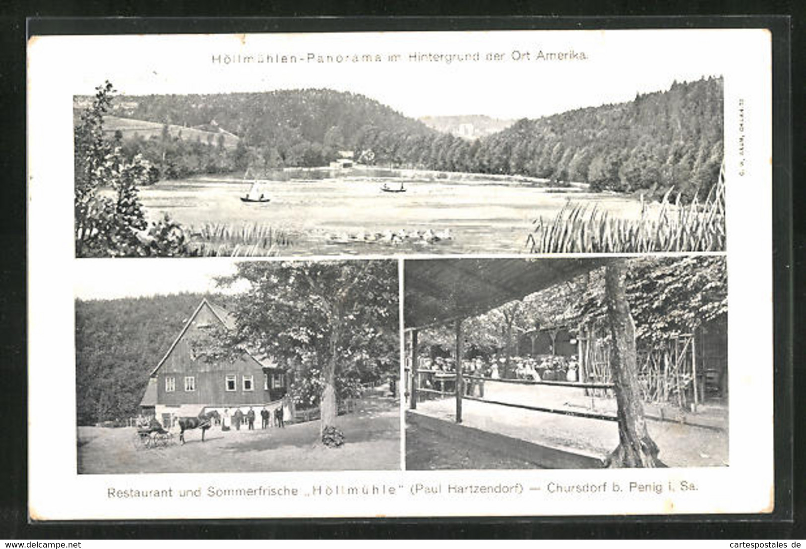 AK Chursdorf B. Penig I. Sa., Restaurant Höllmühle, Garten, Panorama Im Hintergrund Der Ort Amerika - Penig