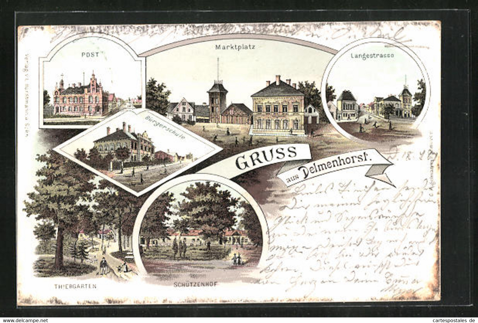 Lithographie Delmenhorst, Marktplatz, Post, Bürgerschule, Schützenhof, Langestrasse, Thiergarten - Delmenhorst