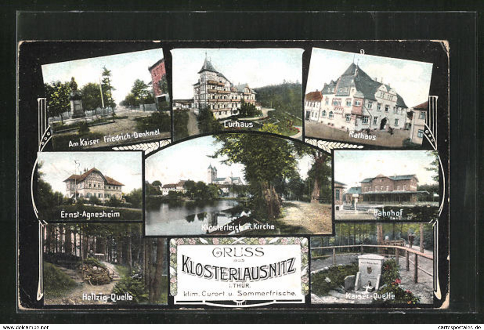 AK Klosterlausnitz /Thür. Bahnhof, Kaiser Freidrich-Denkmal, Ernst-Agnesheim, Heltzig-Quelle - Bad Klosterlausnitz