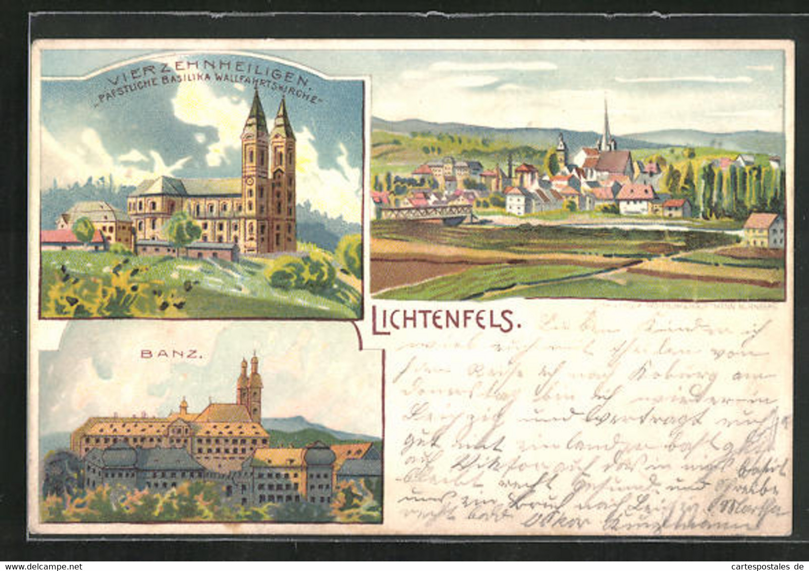 Lithographie Lichtenfels, Kloster Banz, Basilika Vierzehnheiligen - Lichtenfels