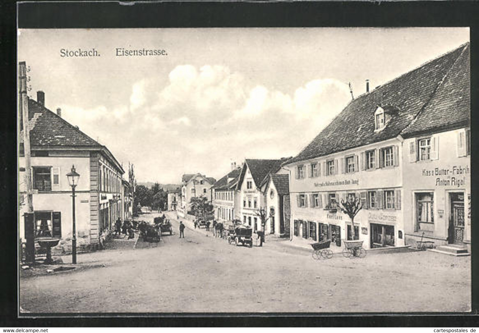 AK Stockach, Eisenstrasse, Fahrrad- & Nähmaschinen-Handlung Lanz, Käse-Fabrik Anton Rigal - Stockach