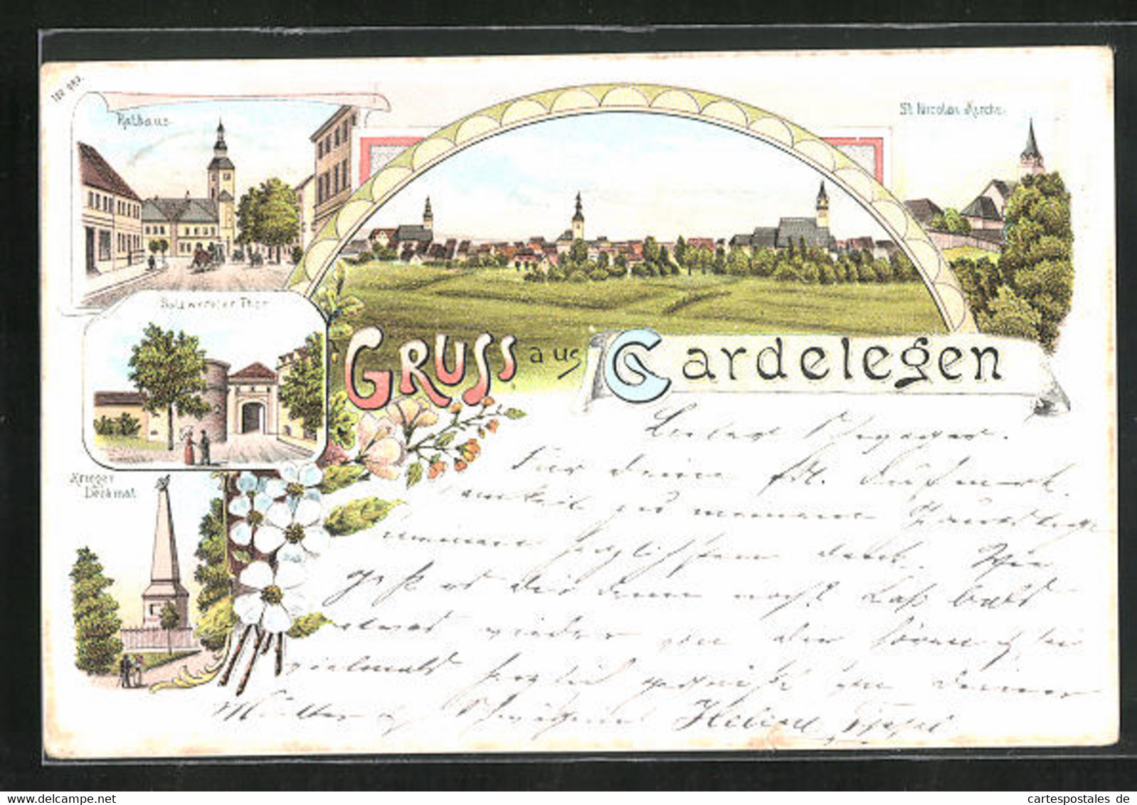 Lithographie Gardelegen, Rathaus, Salzwedler Tor, Kriegerdenkmal - Gardelegen
