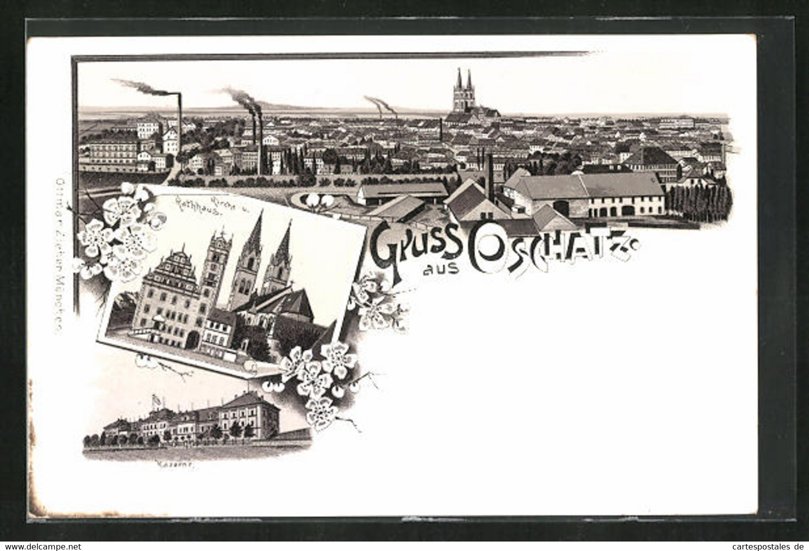 Lithographie Oschatz, Kaserne, Kirche & Rathaus - Oschatz