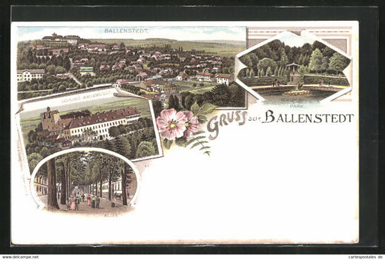 Lithographie Ballenstedt, Allee, Schloss, Park - Ballenstedt