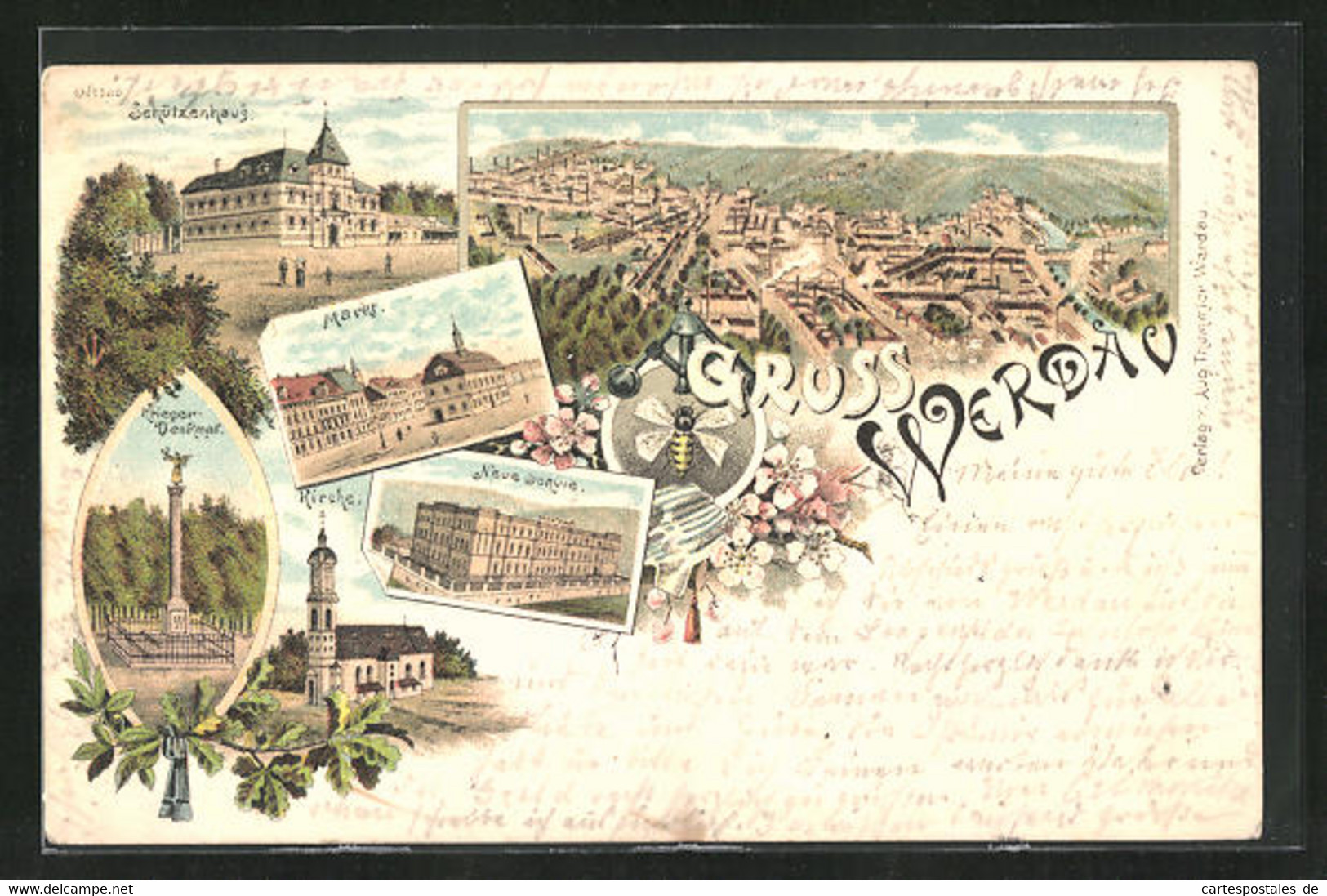 Lithographie Werdau, Hotel Schützenhaus, Neue Schule, Kriegerdenkmal - Werdau