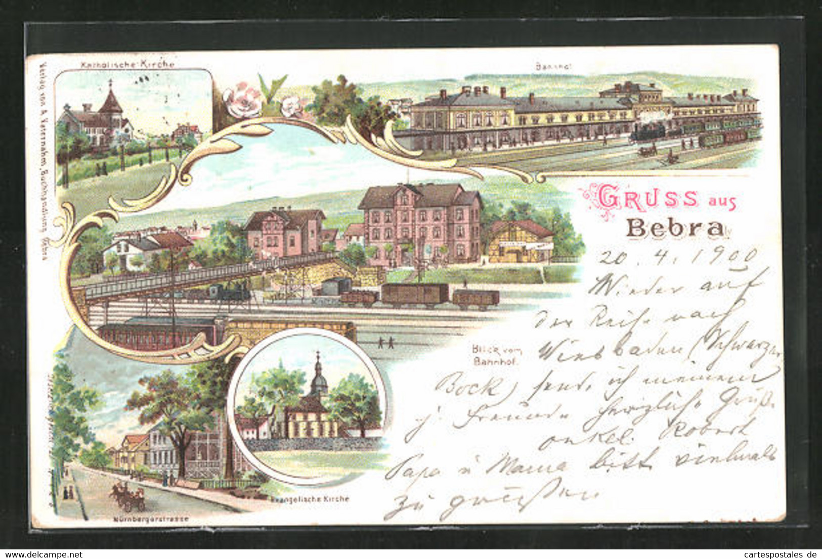 Lithographie Bebra, Bahnhof Mit Dampflok, Evangelische Kirche, Nürnbergerstrasse - Bebra