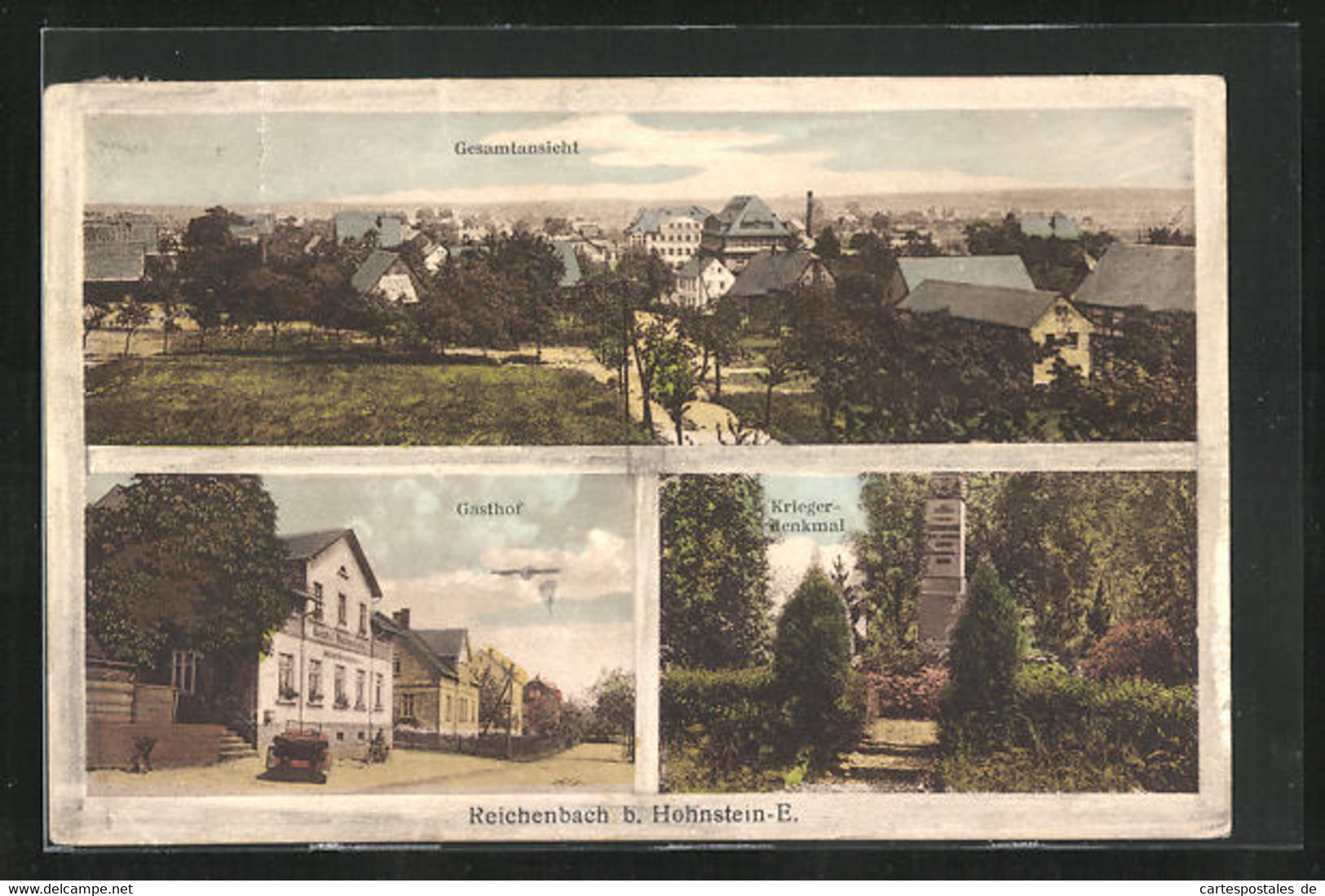 AK Reichenbach B. Hohenstein-E., Gasthof An Der Strasse, Kriegerdenkmal, Gesamtansicht - Reichenbach I. Vogtl.
