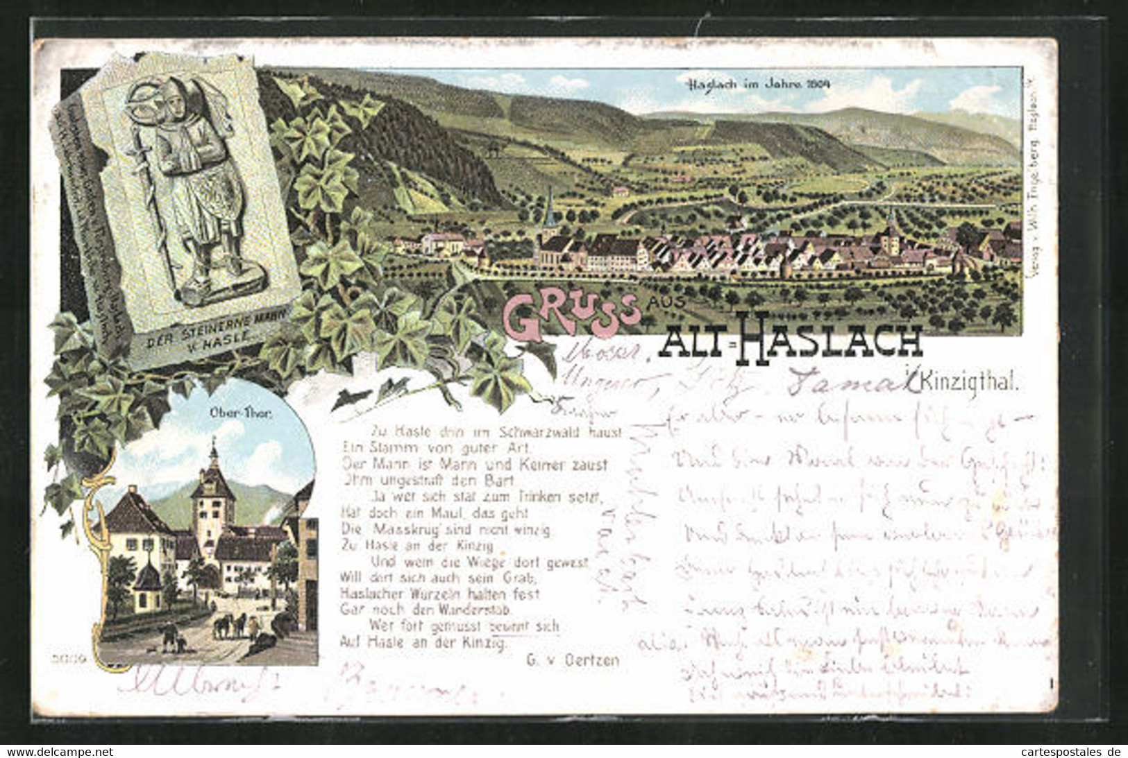 Lithographie Alt-Haslach I. Kinzigthal, Ober-Thor, Ortsansicht - Haslach