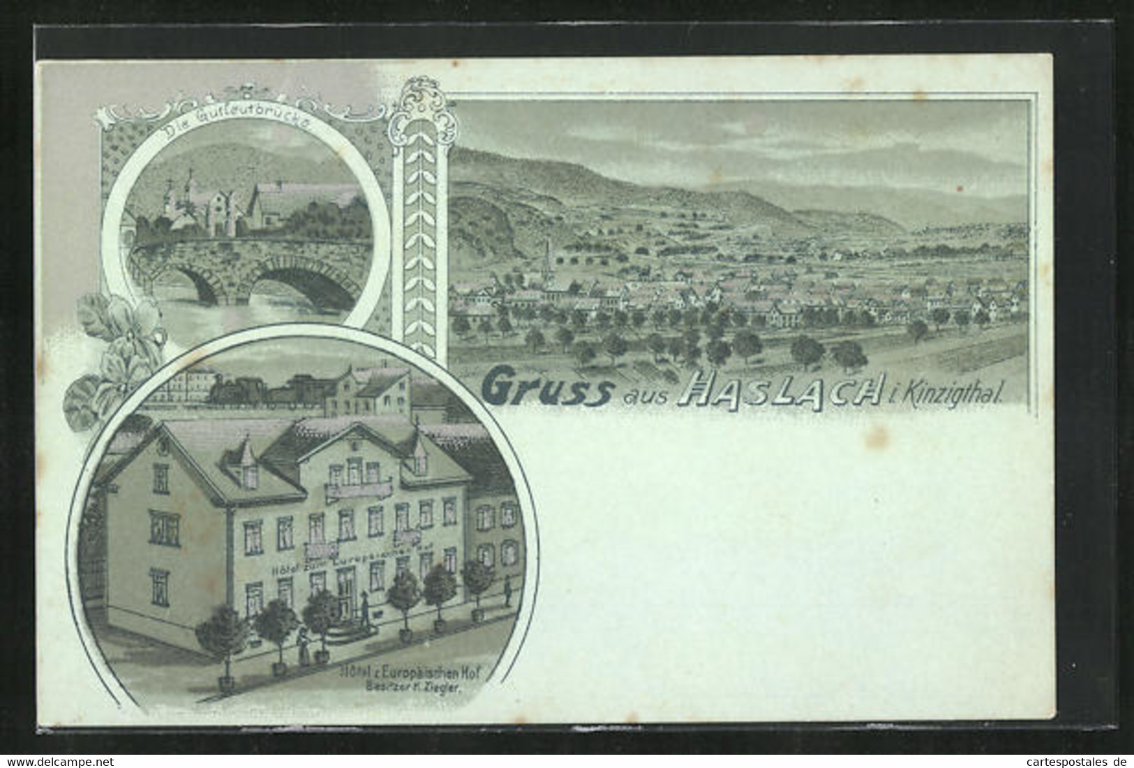 Mondschein-Lithographie Haslach I. K., Hotel Zum Europäischen Hof, Bes. M. Ziegler, Gutleutbrücke - Haslach