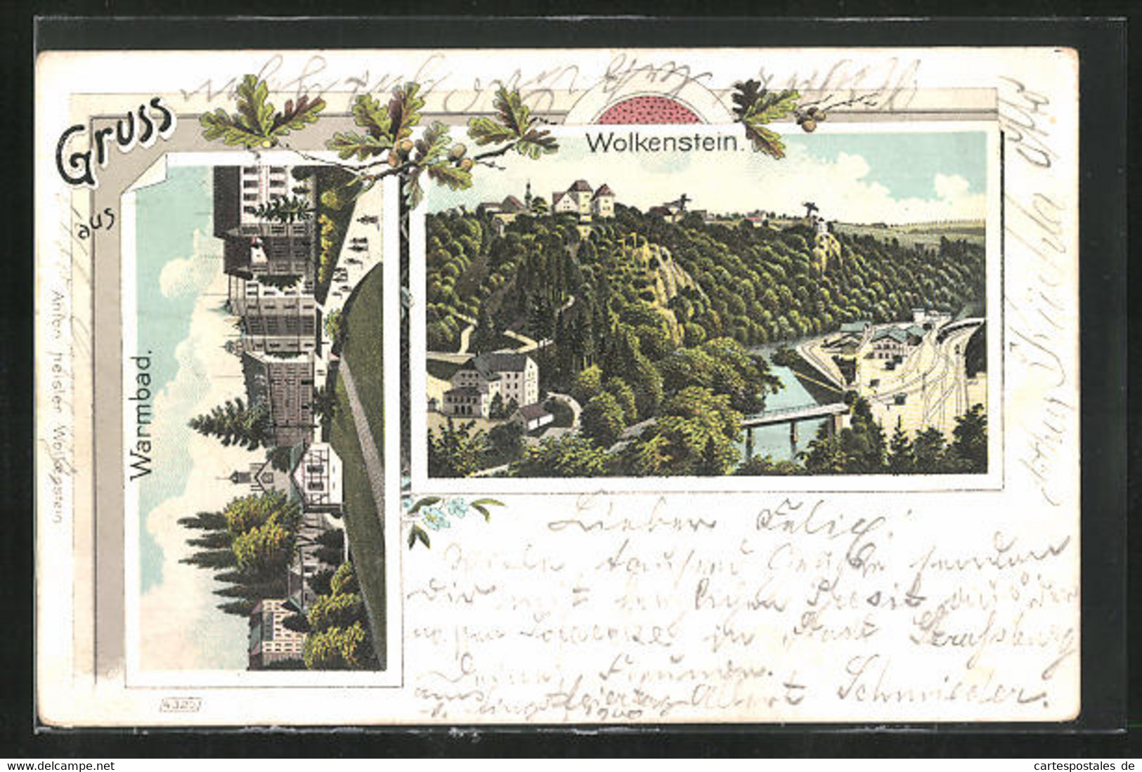 Lithographie Wolkenstein-Warmbad, Bahnhof, Ortsansicht - Wolkenstein