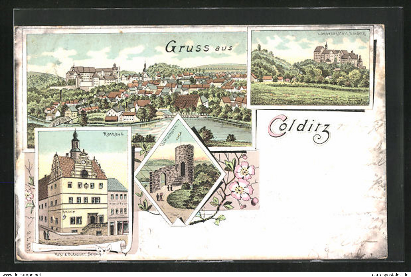 Lithographie Colditz, Rathaus, Ortsansicht - Colditz