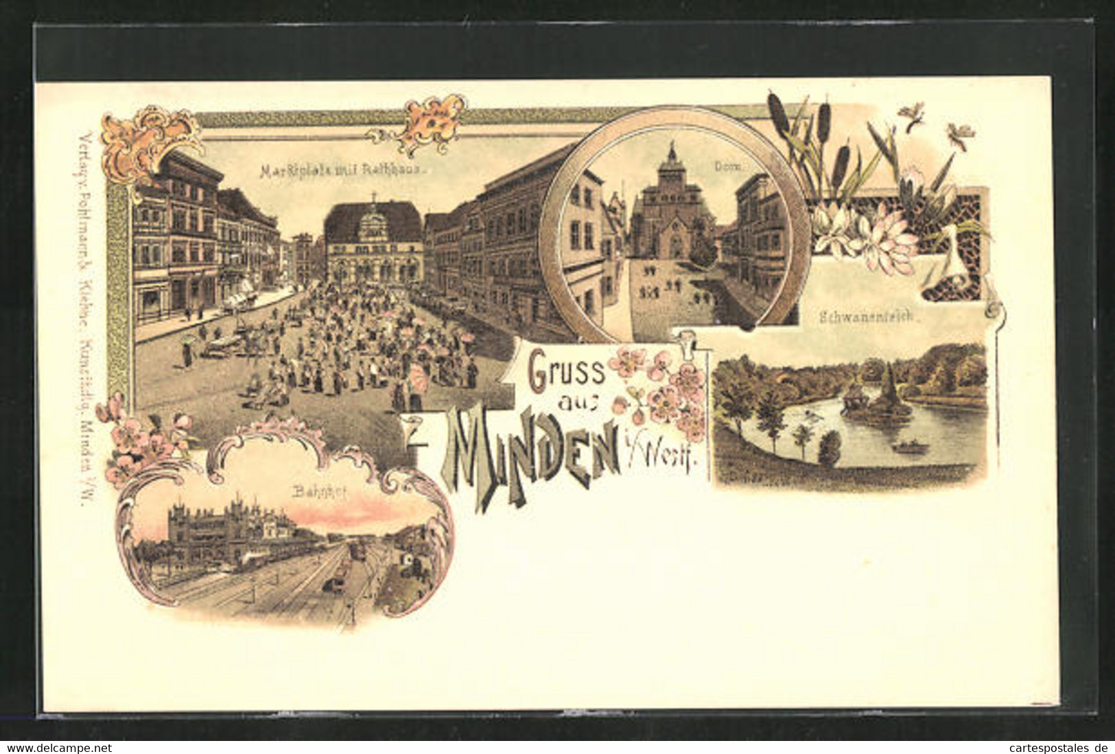 Lithographie Minden I. W., Bahnhof, Marktplatz Mit Rathaus, Dom - Minden