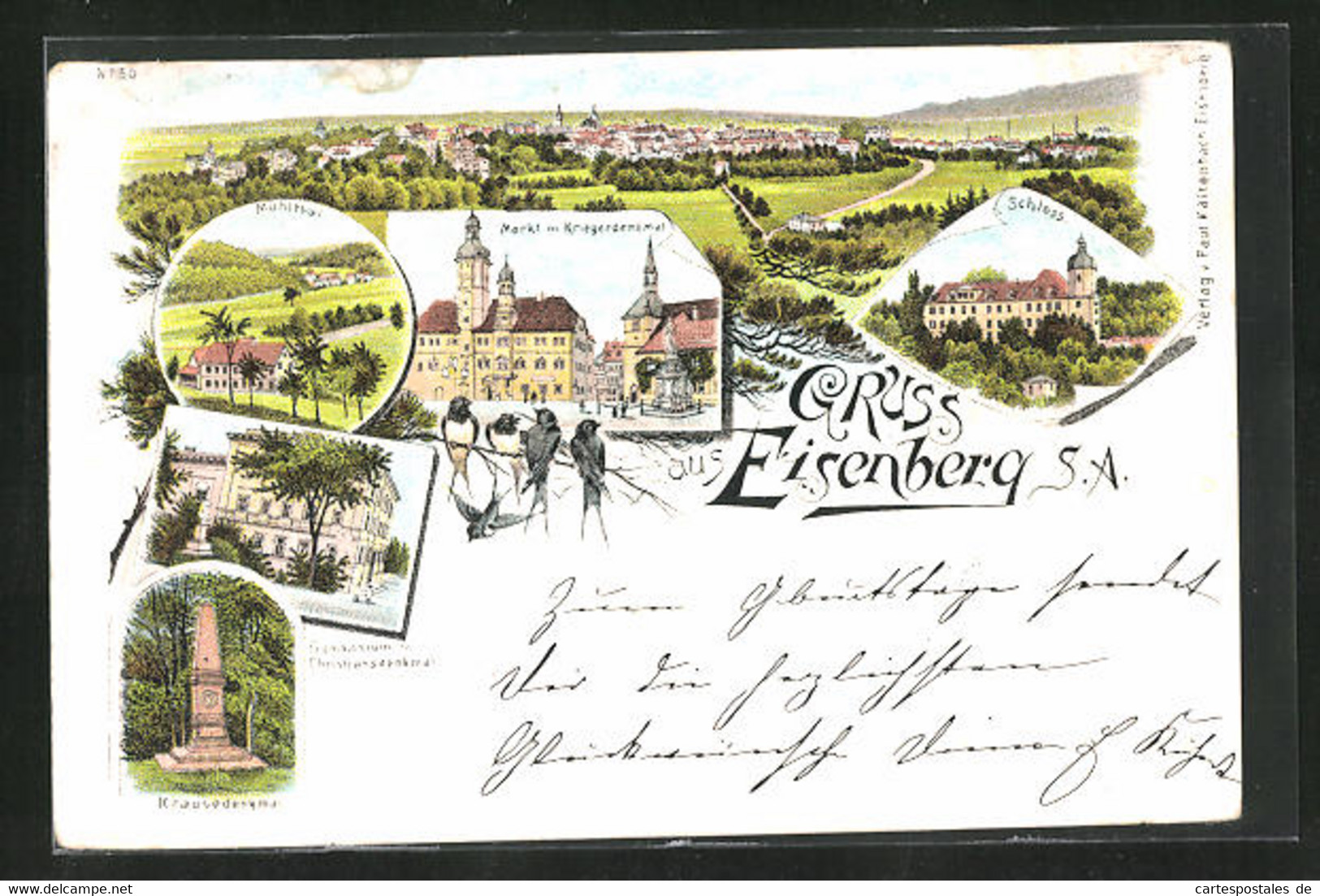 Lithographie Eisenberg /S. A., Markt Mit Kriegerdenkmal, Gymnasium Mit Christiansdenkmal - Eisenberg