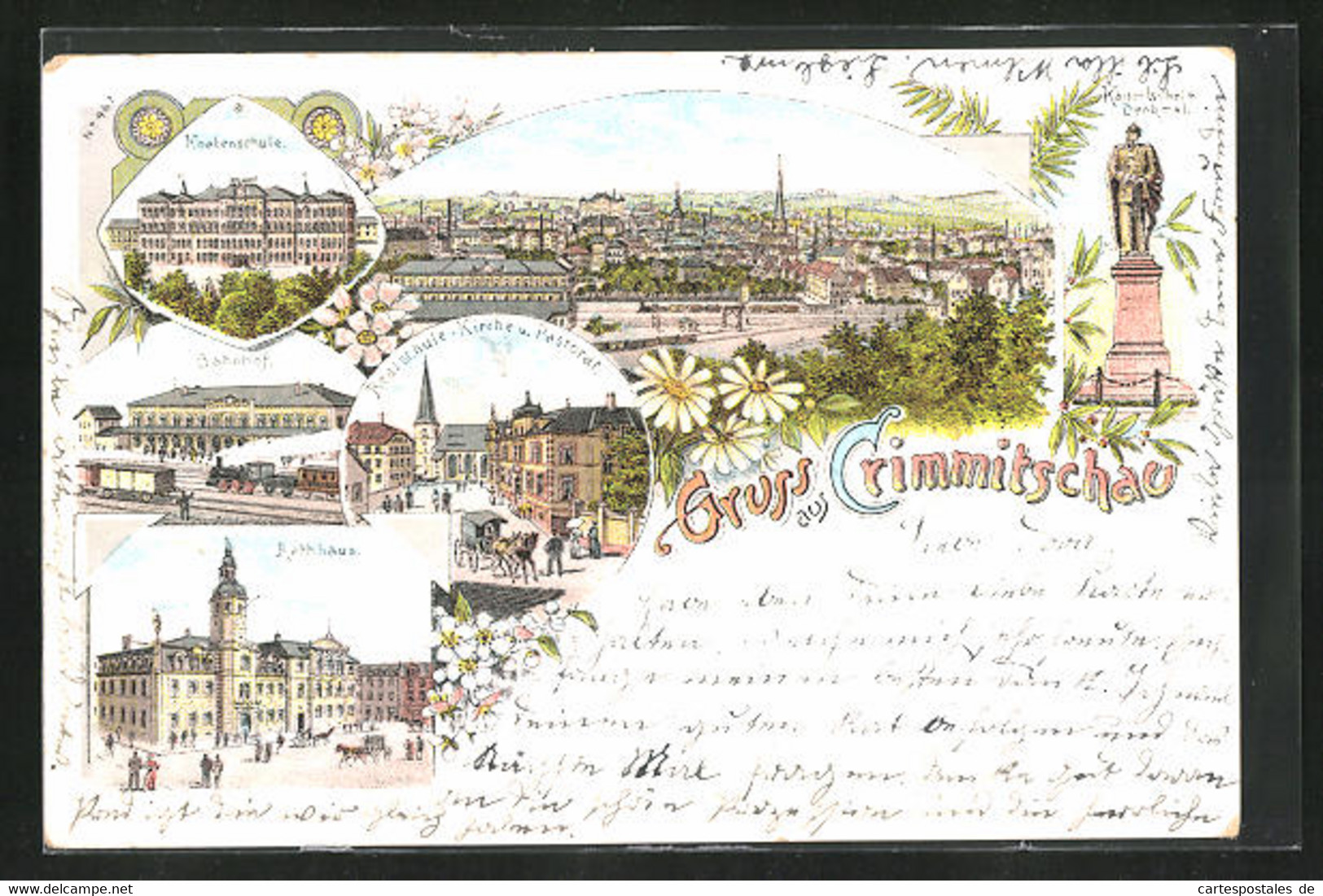 Lithographie Crimmitschau, Bahnhof, Realschule Mit Kirche Und Pastorat - Crimmitschau