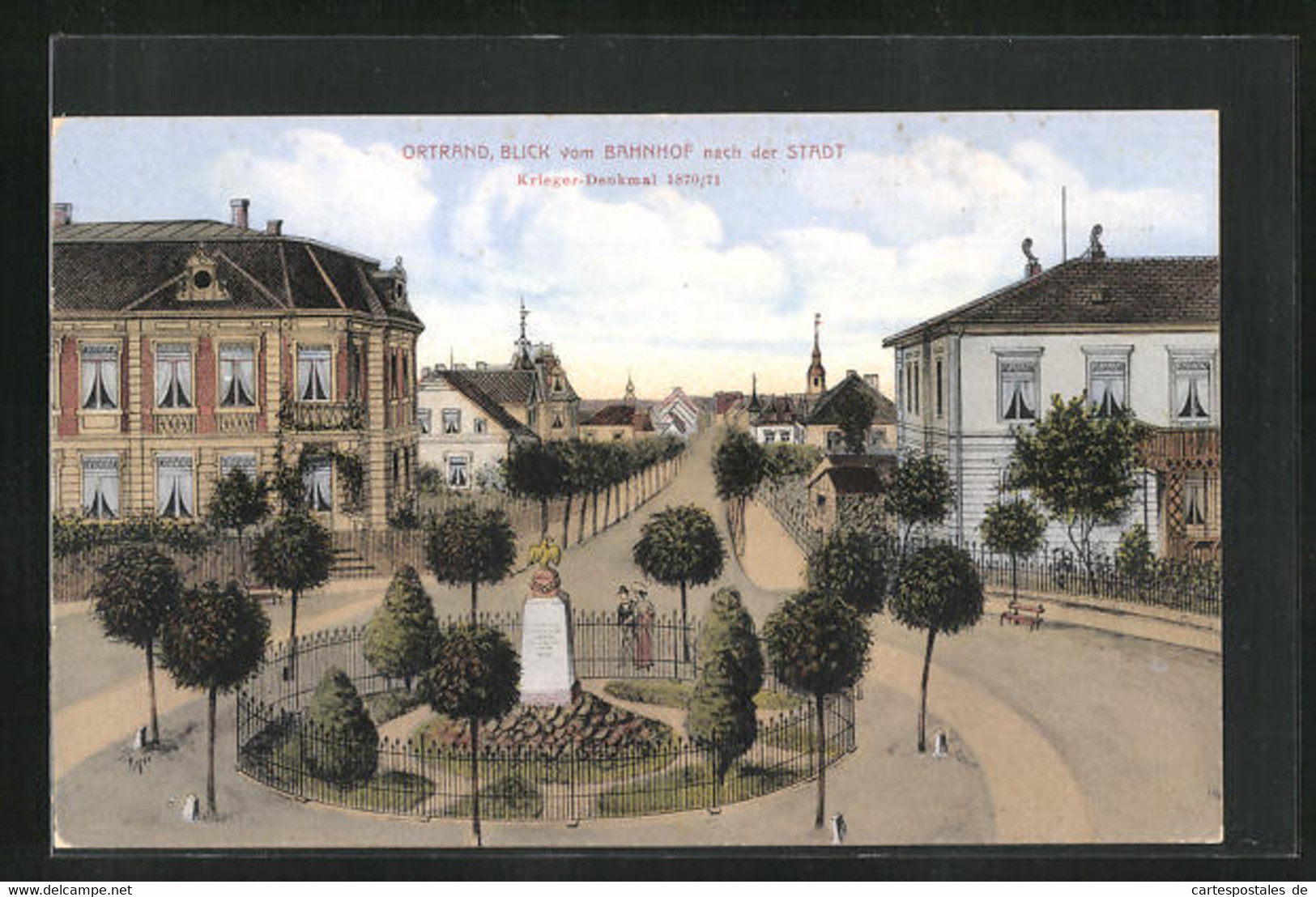 Künstler-AK Ortrand, Blick Vom Bahnhof Nach Der Stadt Mit Kriegerdenkmal 1870-71 - Ortrand
