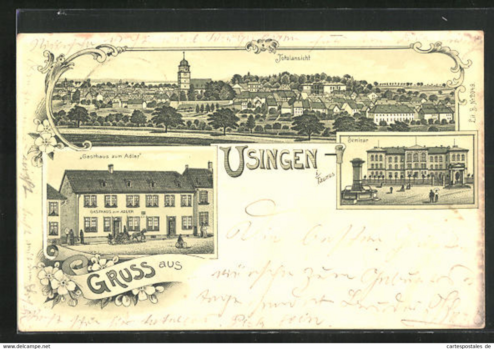 Lithographie Usingen, Totalansicht Mit Partien Am Gasthaus Zum Adler Und Dem Seminar - Usingen