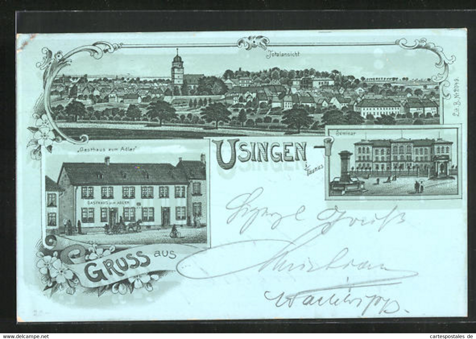 Mondschein-Lithographie Usingen, Totalansicht Und Partien Am Gasthaus Zum Adler Und Dem Seminar - Usingen