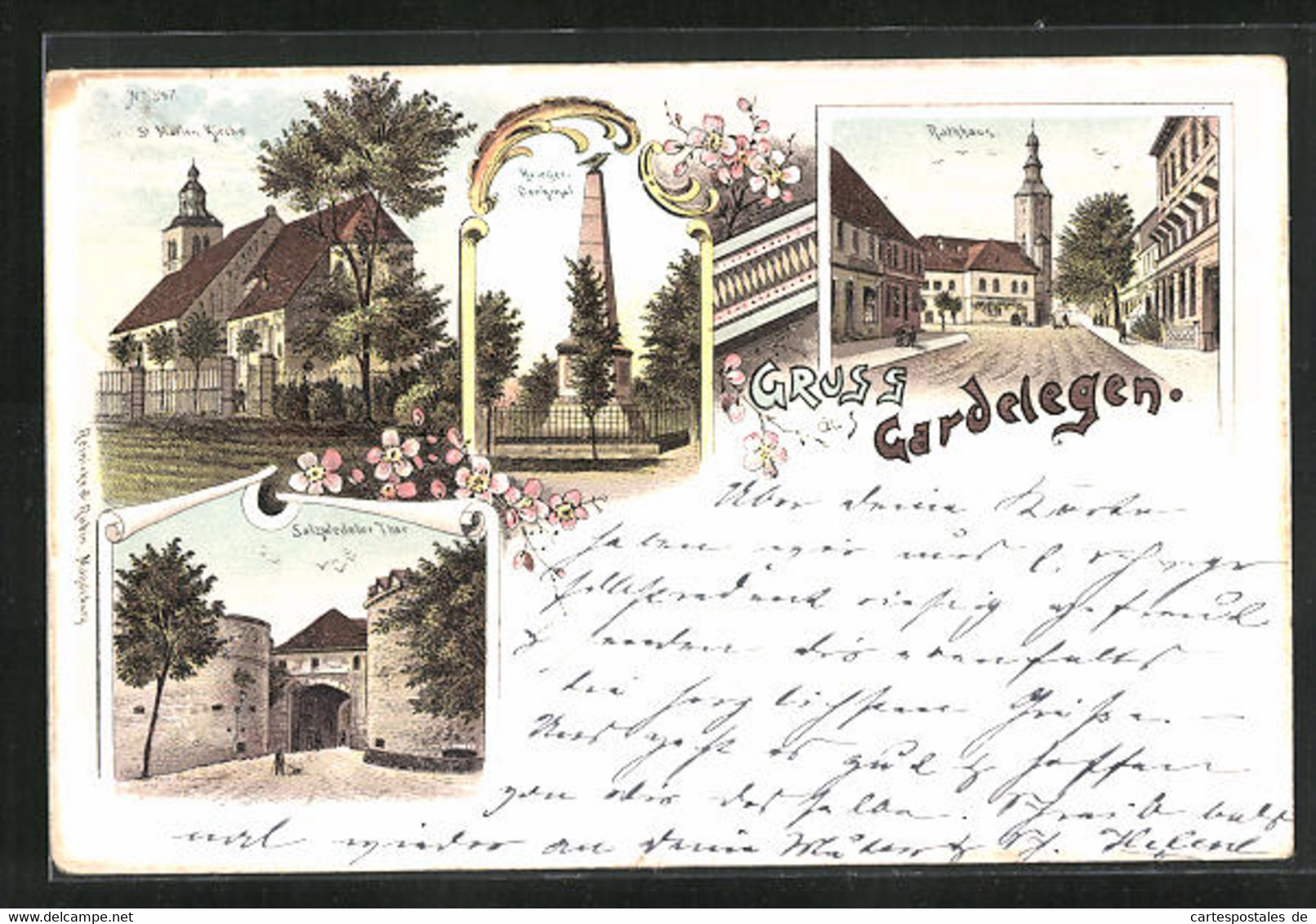 Lithographie Gardelegen, Kriegerdenkmal, St. Marien Kirche, Rathaus - Gardelegen