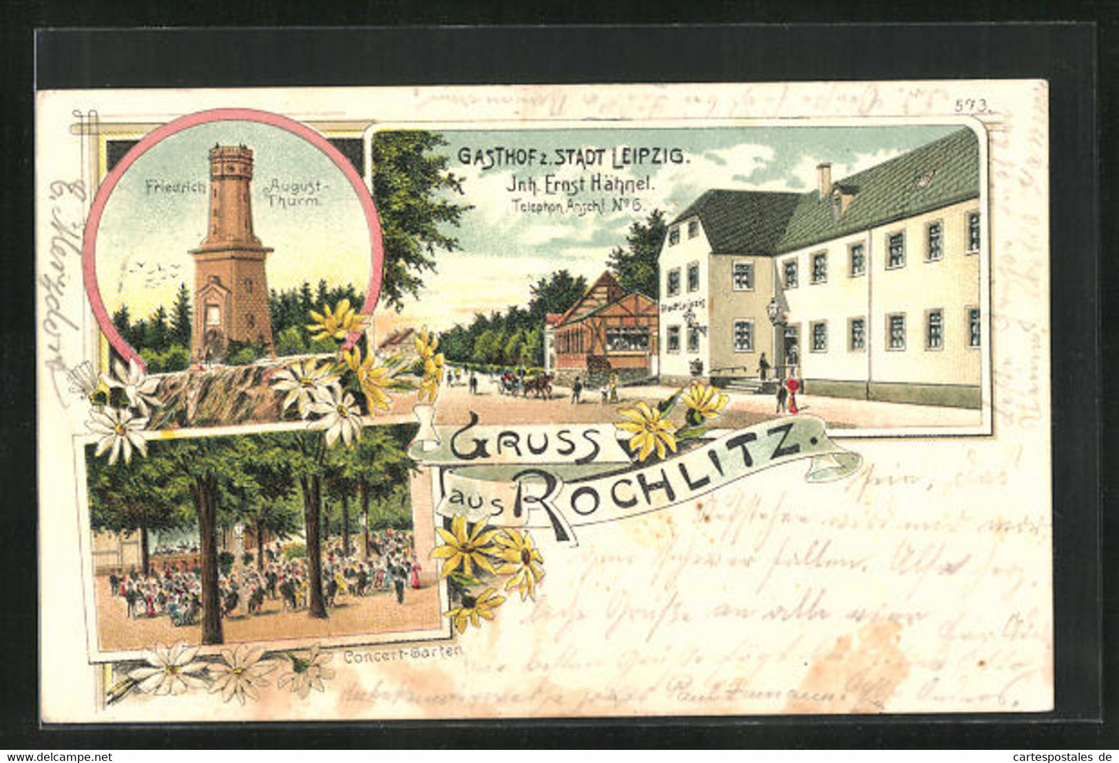 Lithographie Rochlitz, Gasthof Stadt Leipzig, Friedrich-August-Turm, Concert-Garten - Rochlitz