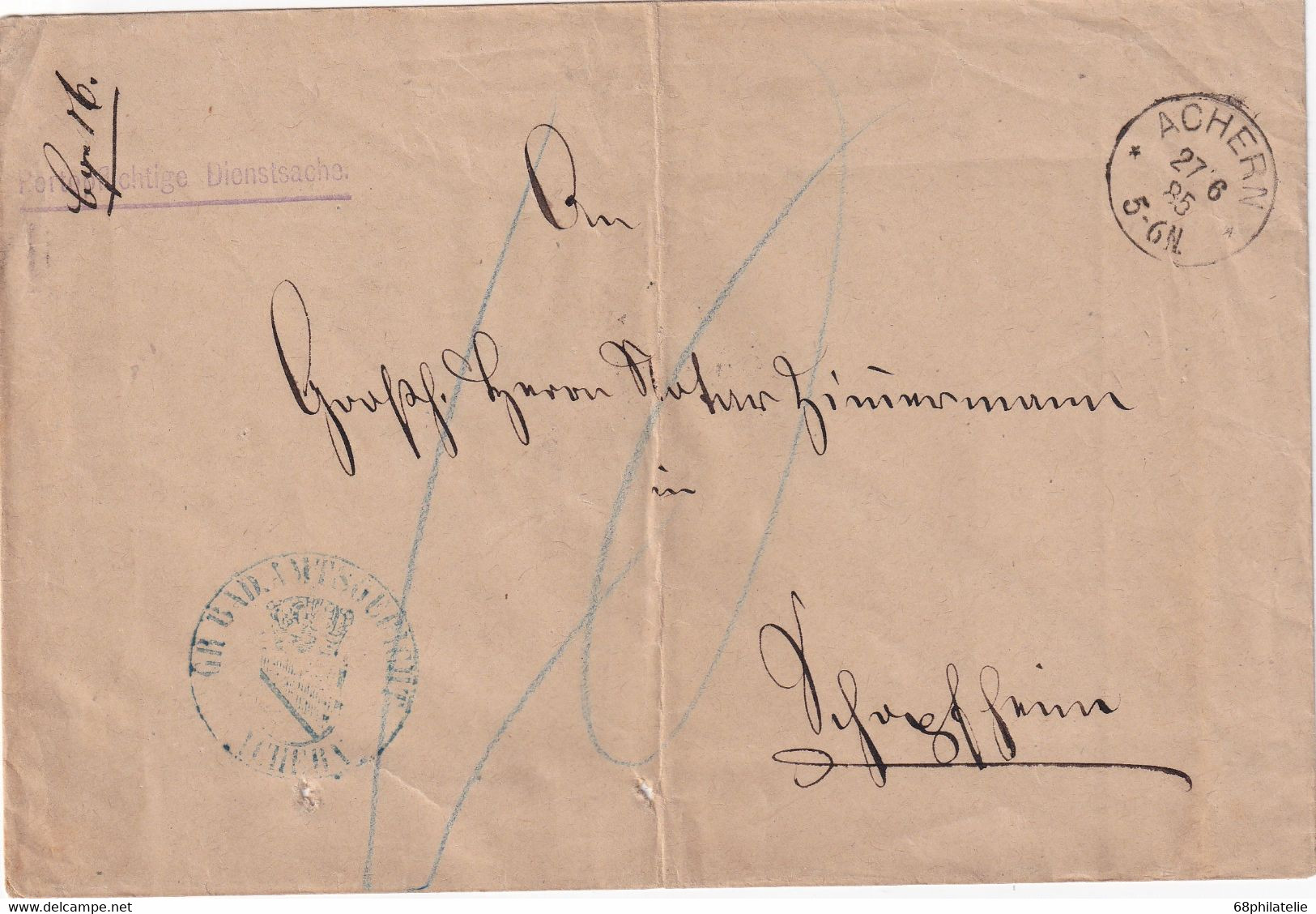 BADEN 1885 LETTRE EN FRANCHISE DE ACHERN - Storia Postale
