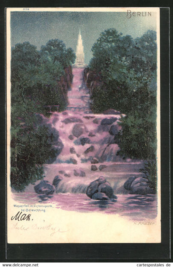 Lithographie Berlin-Kreuzberg, Wasserfall Im Victoriapark Bei Beleuchtung - Kreuzberg