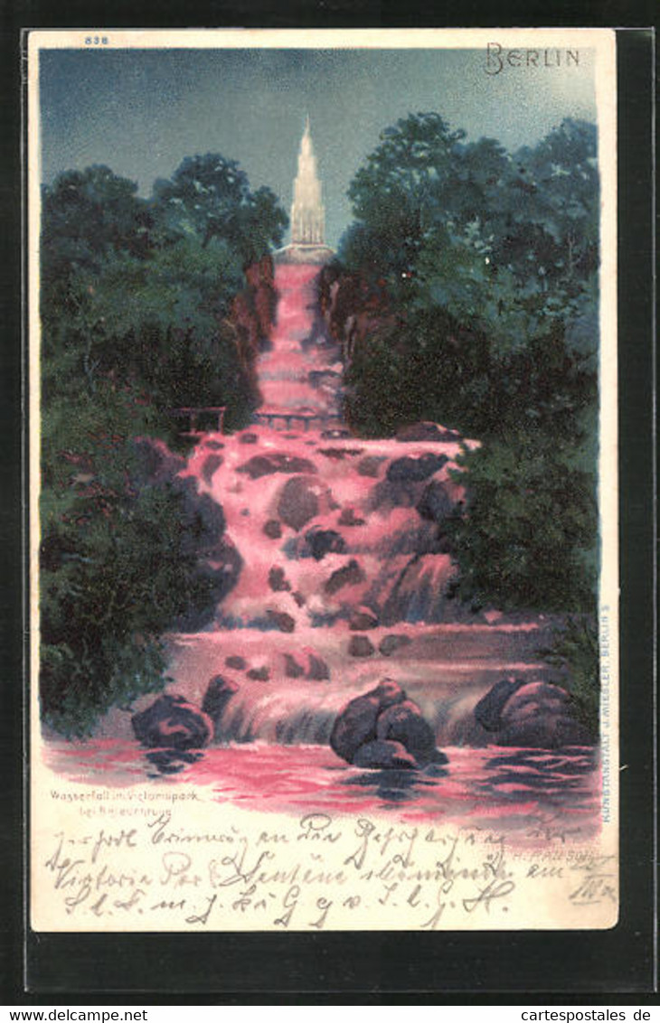 Lithographie Berlin-Kreuzberg, Wasserfall Im Victoriapark Bei Beleuchtung - Kreuzberg