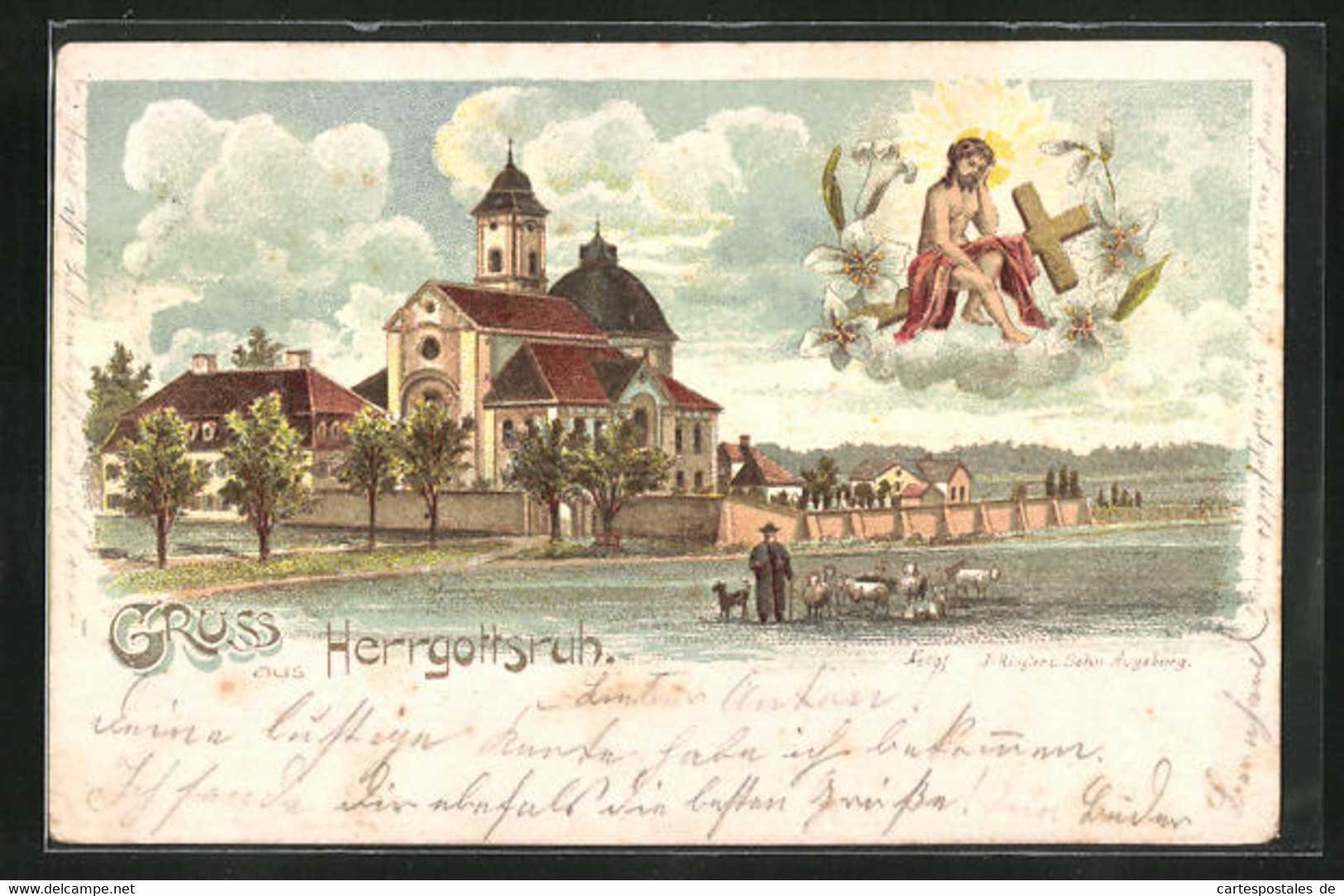 Lithographie Friedberg / Bayern, Kapelle Herrgottsruh, Kirche Mit Hirten, Jesus Mit Heiligenschein Und Kreuz - Friedberg