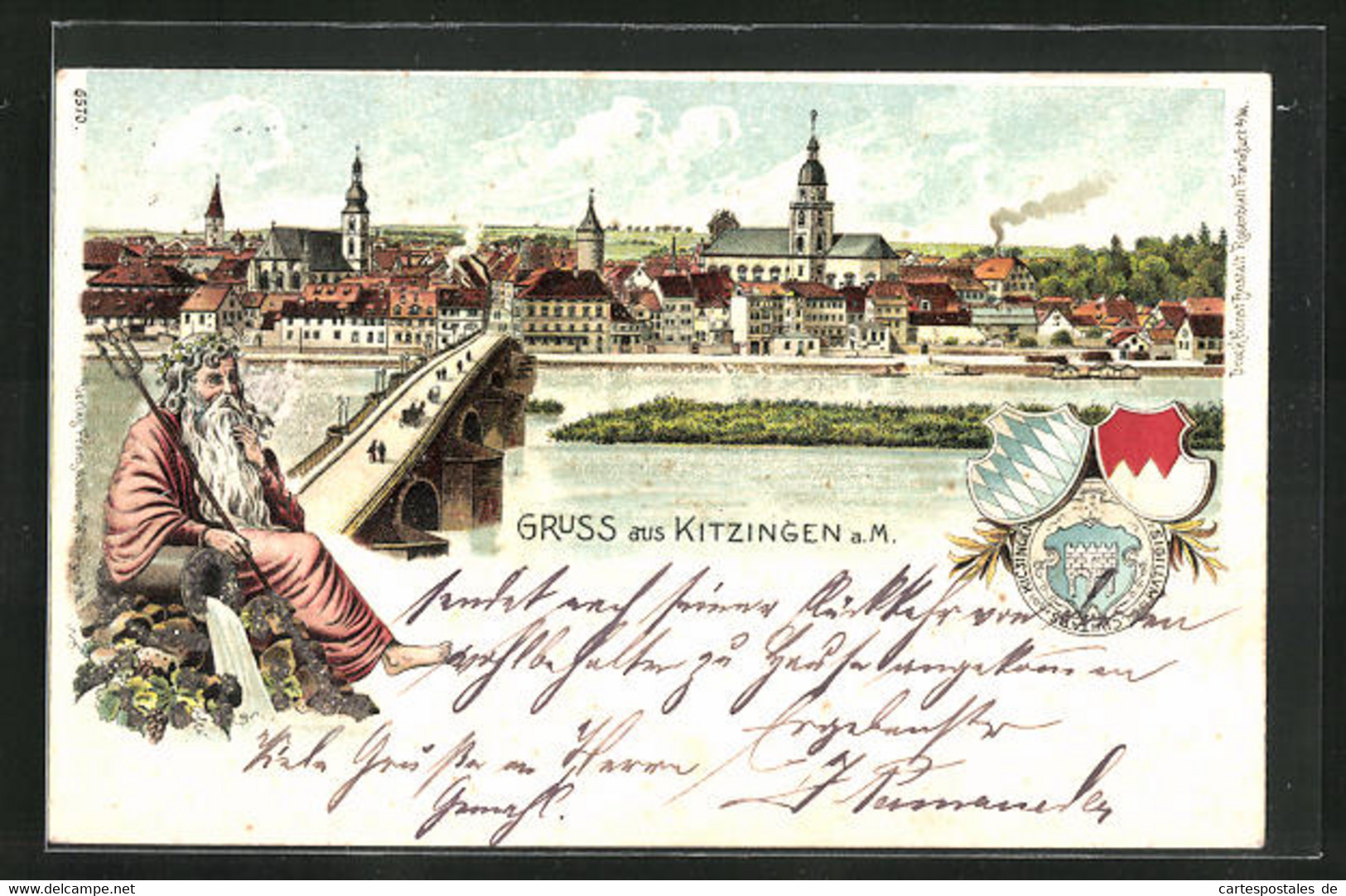 Lithographie Kitzingen A.M., Flusspartie Mit Kirchen Und Brücke - Kitzingen