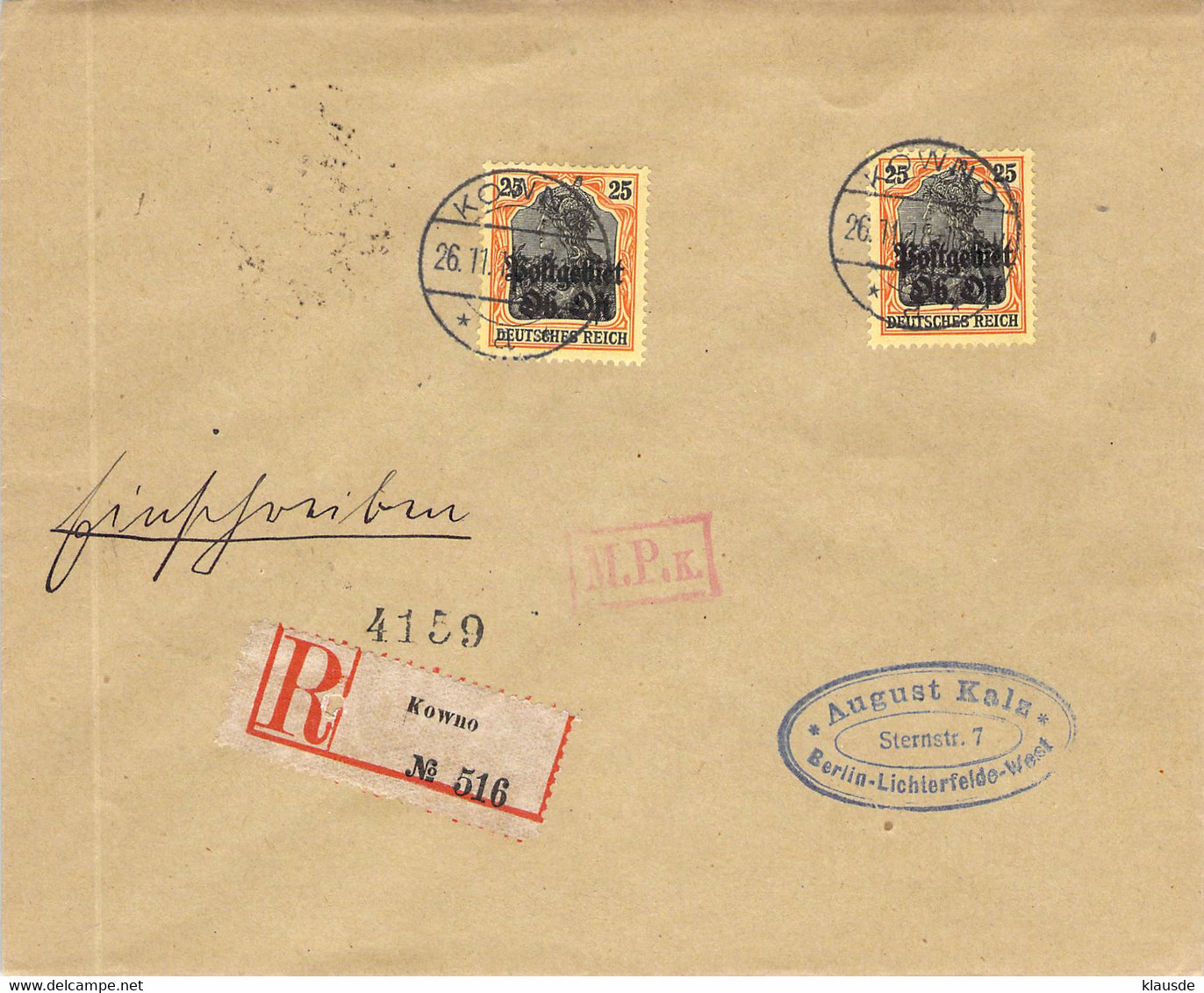 R-Cover MiNr.9 MeF Kowno (Kaunas) - Berlin Postgebiet Ob.Ost - Occupation 1914-18
