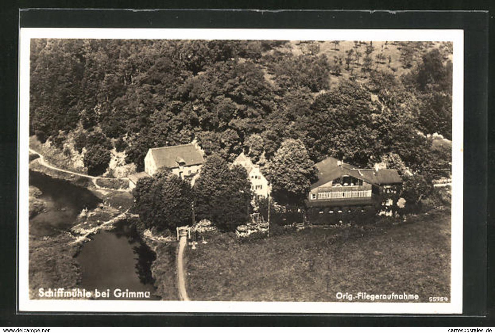 AK Grimma, Gasthaus Schiffmühle, Fliegeraufnahme - Grimma