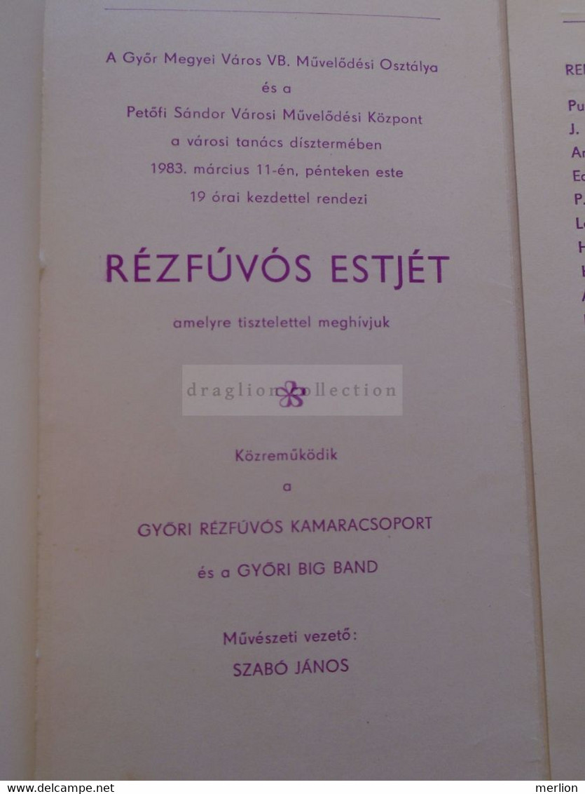 ZA372.7  Invitation - Soirée De Cuivres - 1983  GYŐR  Hongrie Purcell Prokofjev Zanielli Skolnik Casterede P.M.Dubois - Europe