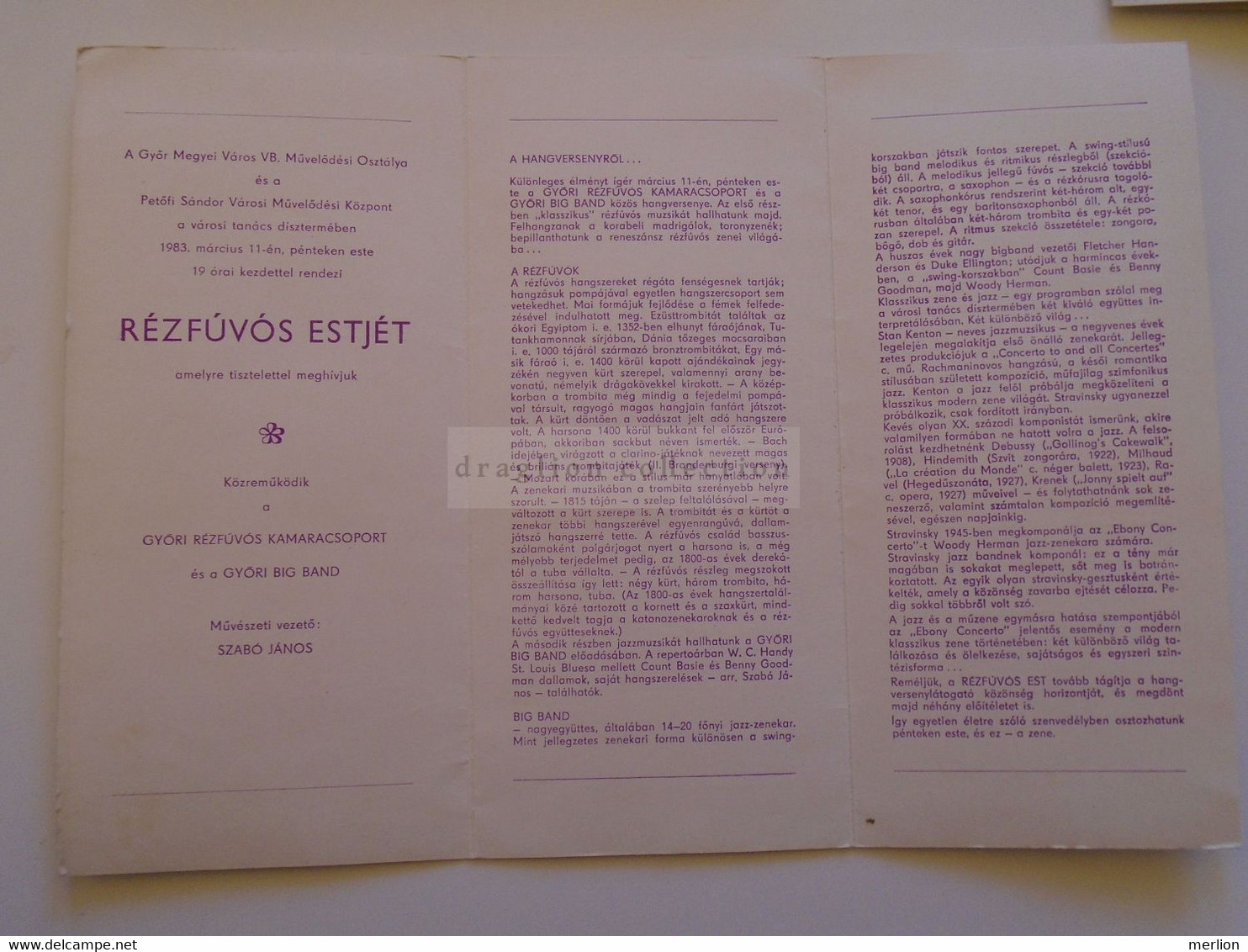 ZA372.7  Invitation - Soirée De Cuivres - 1983  GYŐR  Hongrie Purcell Prokofjev Zanielli Skolnik Casterede P.M.Dubois - Europa