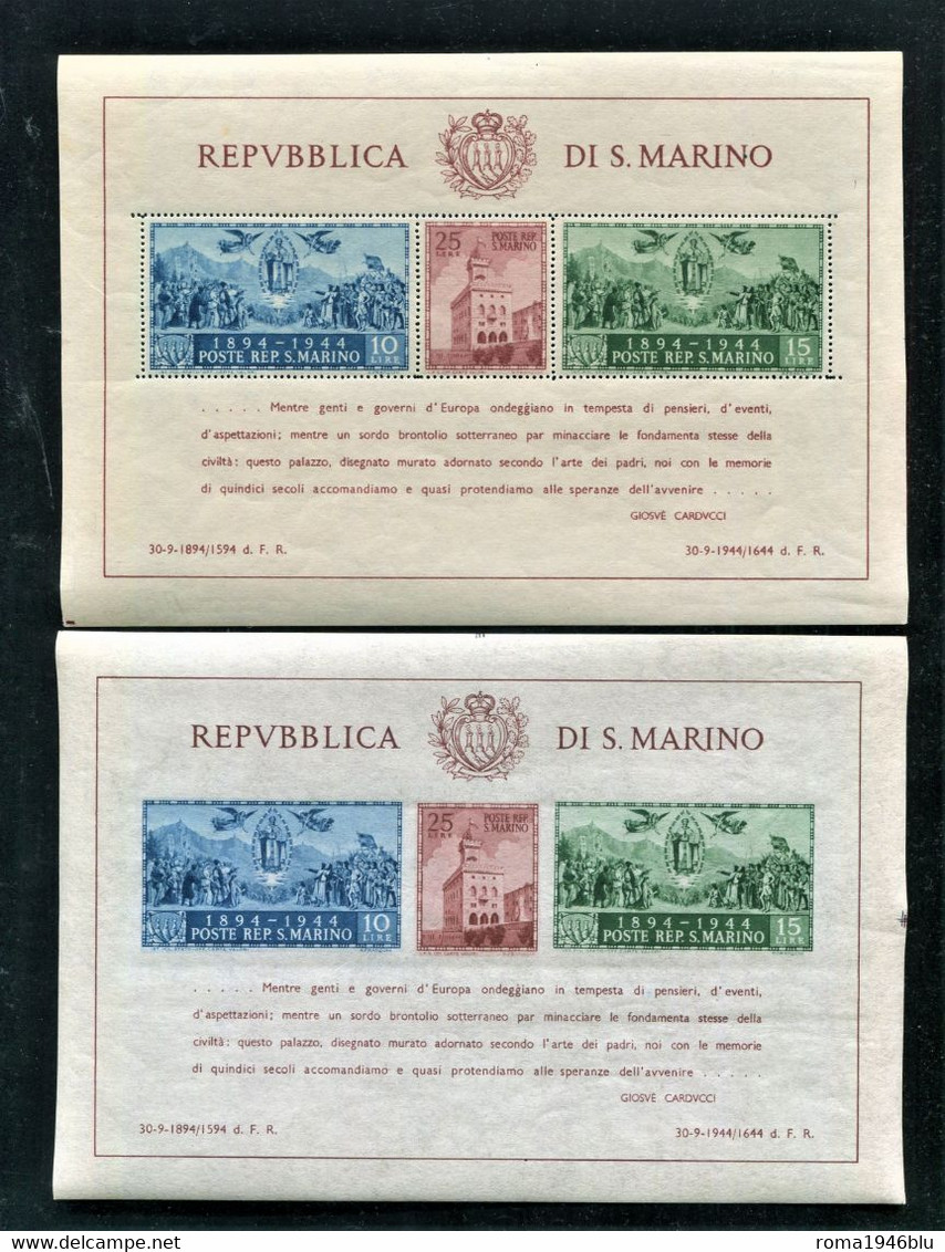 SAN MARINO 1945 PALAZZO DEL GOVERNO CARDUCCI  2 FOGLIETTI ** MNH - Blocchi & Foglietti