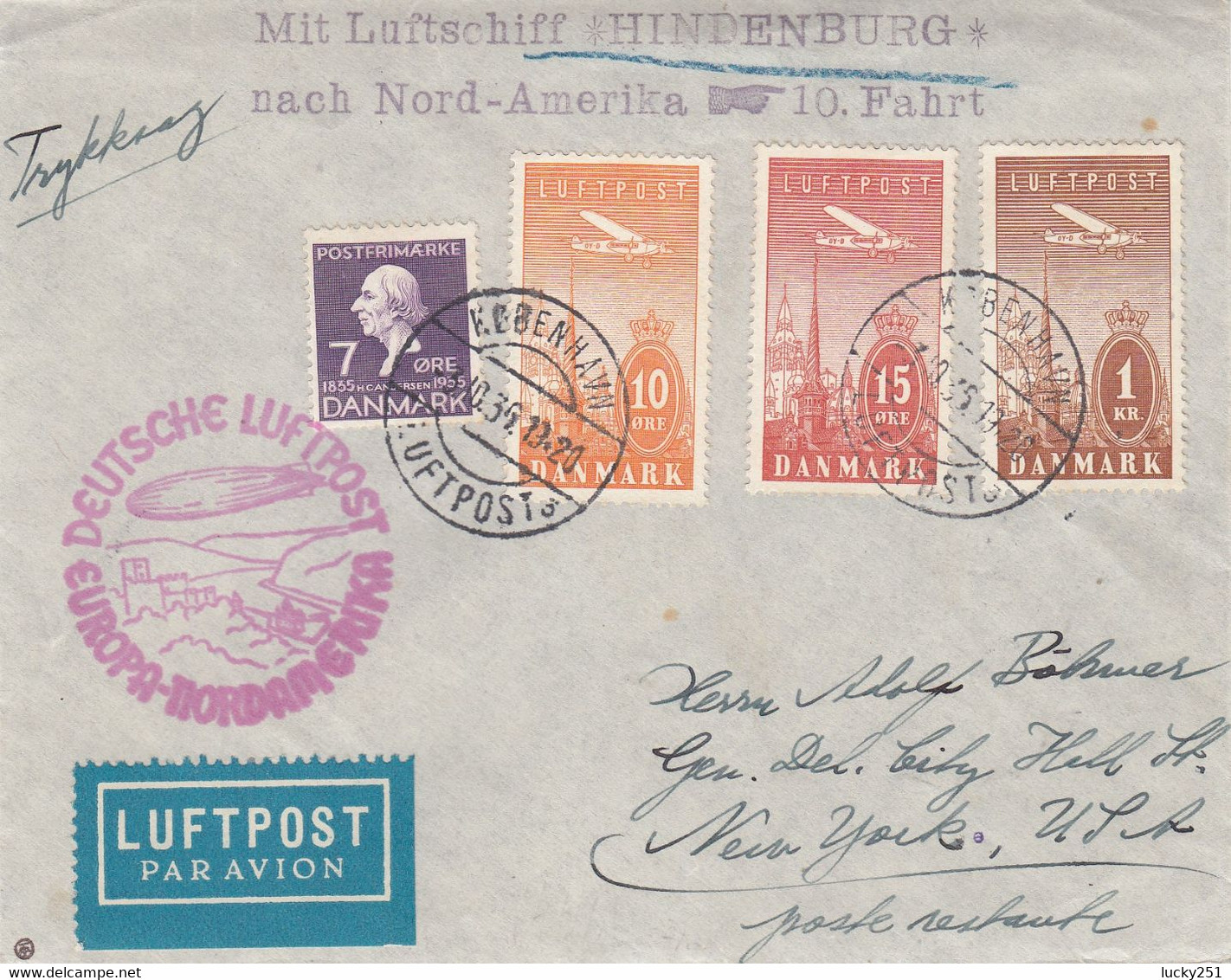 Zeppelin - 1936 - Danemark - Carte Du 03/10/1936 - Vers Les USA - Zeppelines