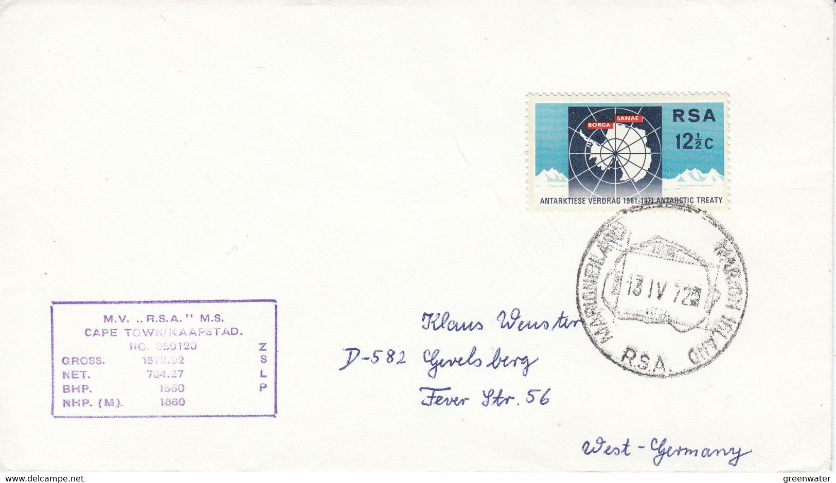 South Africa Marion Island 1972 Antarctic Treaty Ca  13/IV/72 Marion Ca MV R.S.A. (52800) - Antarktisvertrag