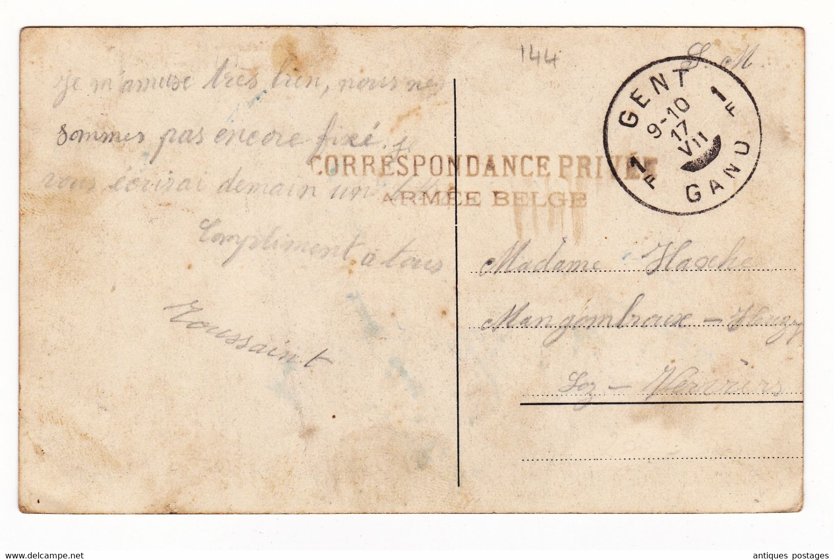 Belgique Gand Gent 1917 Correspondance Privée Armée Belge Première Guerre Mondiale WW1 - Armée Belge