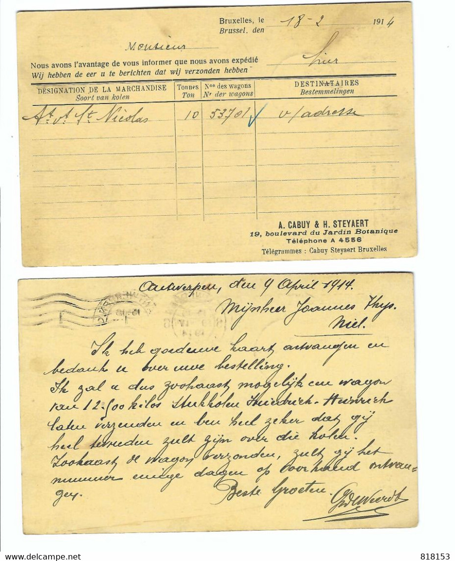 5 Briefkaarten 1914 Verstuurd Naar  Theys-Bal  Kolenhandelaar Te Niel - Niel