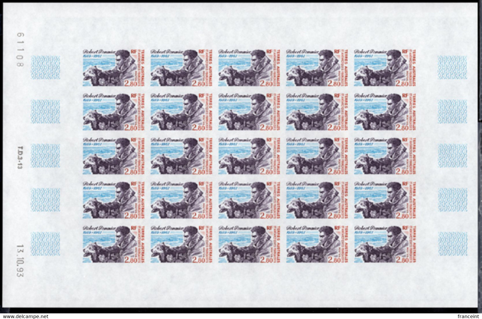 F.S.A.T. (1994) Sled Dog. Robert Pommier. Full Sheet Of 25 Imperforates. Scott No 198, Yvert No 188. - Sin Dentar, Pruebas De Impresión Y Variedades