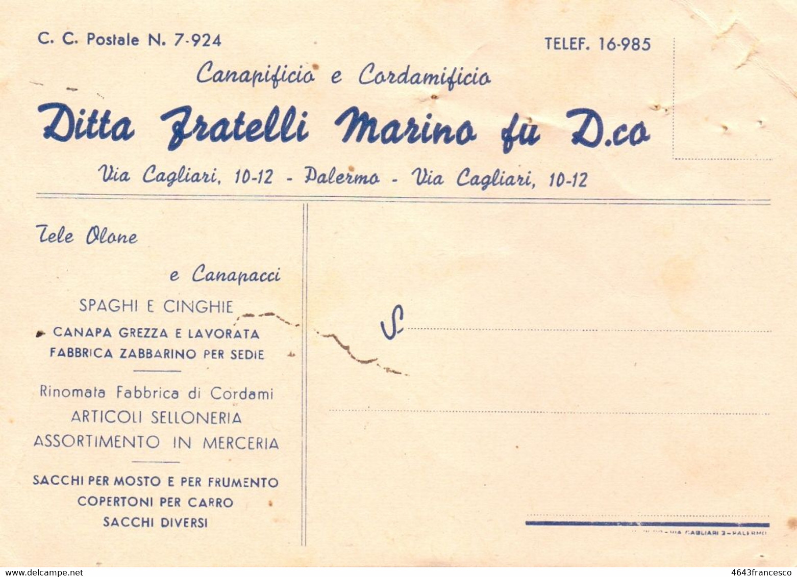 Cartoncino Pubblicitario -DITTA FRATELLI MARINO Fu D.co-PALERMO - Sin Clasificación