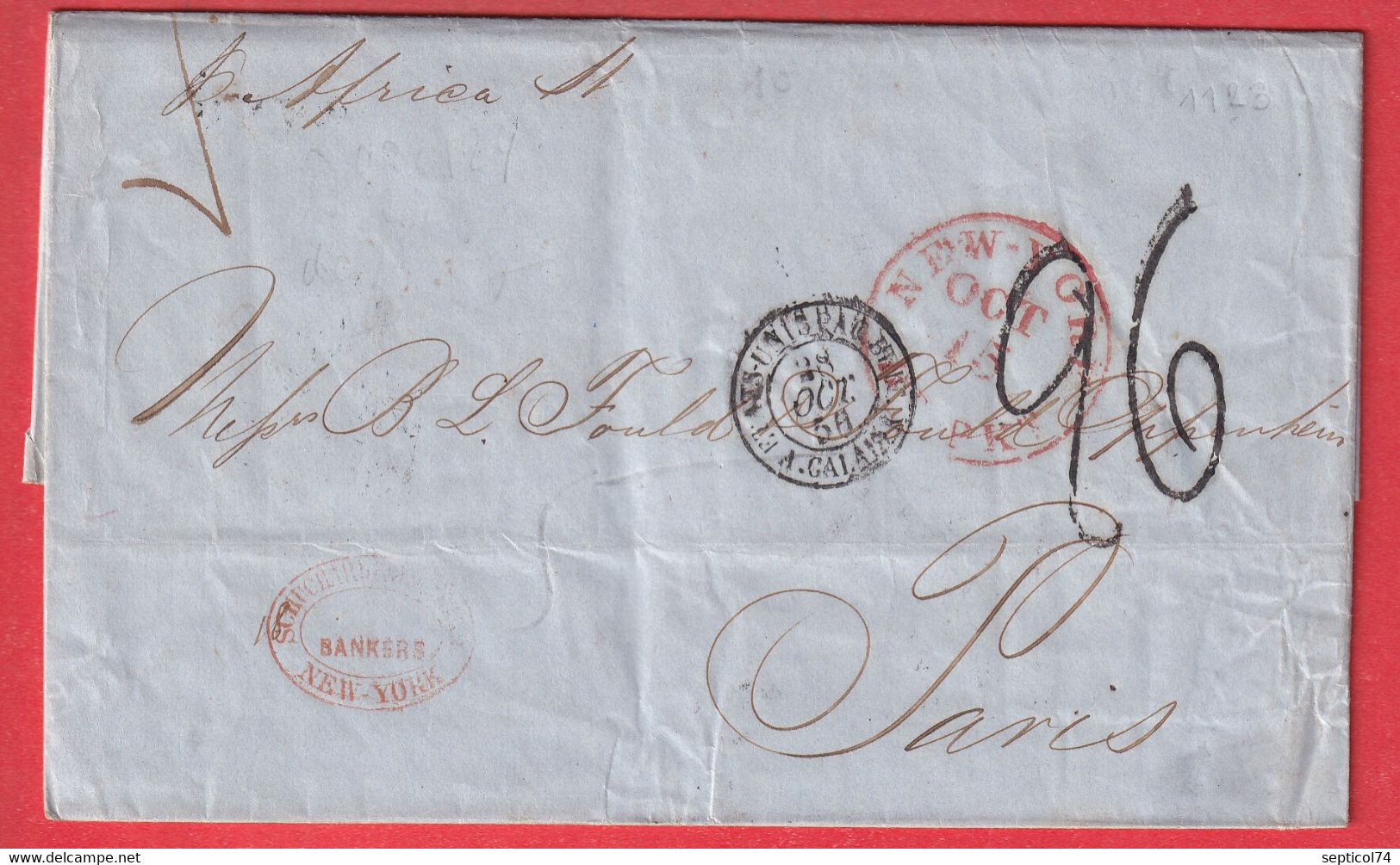 NEW YORK USA 1856 TAXE TAMPON 26 STEAMER AFRICA POUR PARIS - …-1845 Prephilately