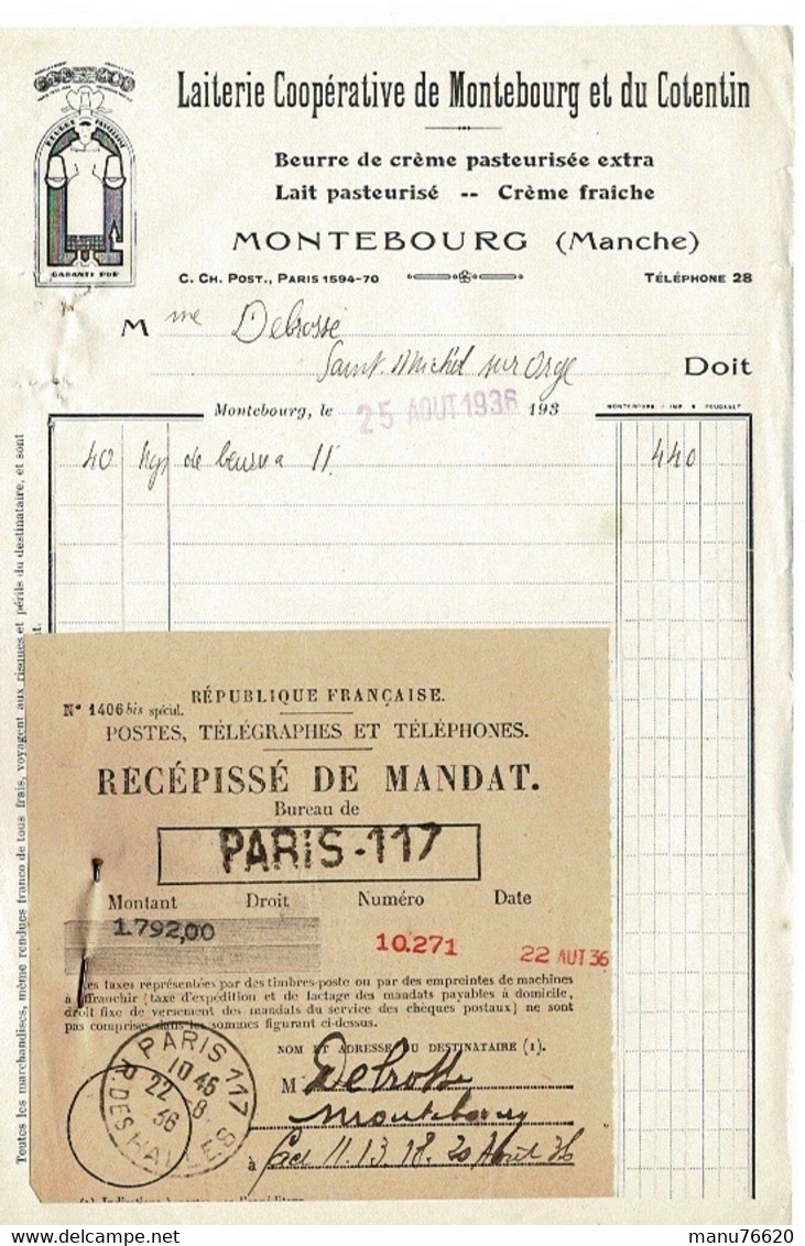 FACTURE-COURRIER- LETTRE : Laiterie Coopérative De Montebourg Et Du Corentin , Année 1936 . - 1900 – 1949