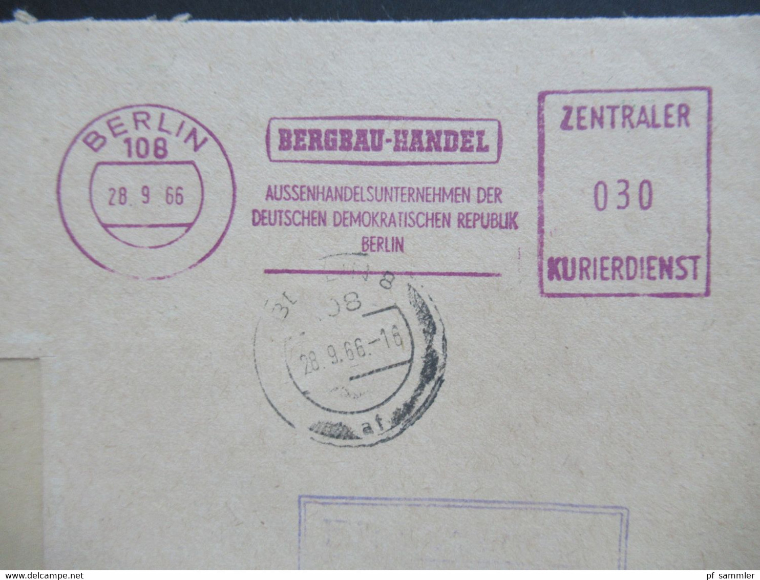 DDR 1966 ZKD Zentraler Kurierdienst Violetter Freistempel Bergbau Handel Aussenhandelsunternehmen Der DDR Berlin - Autres & Non Classés