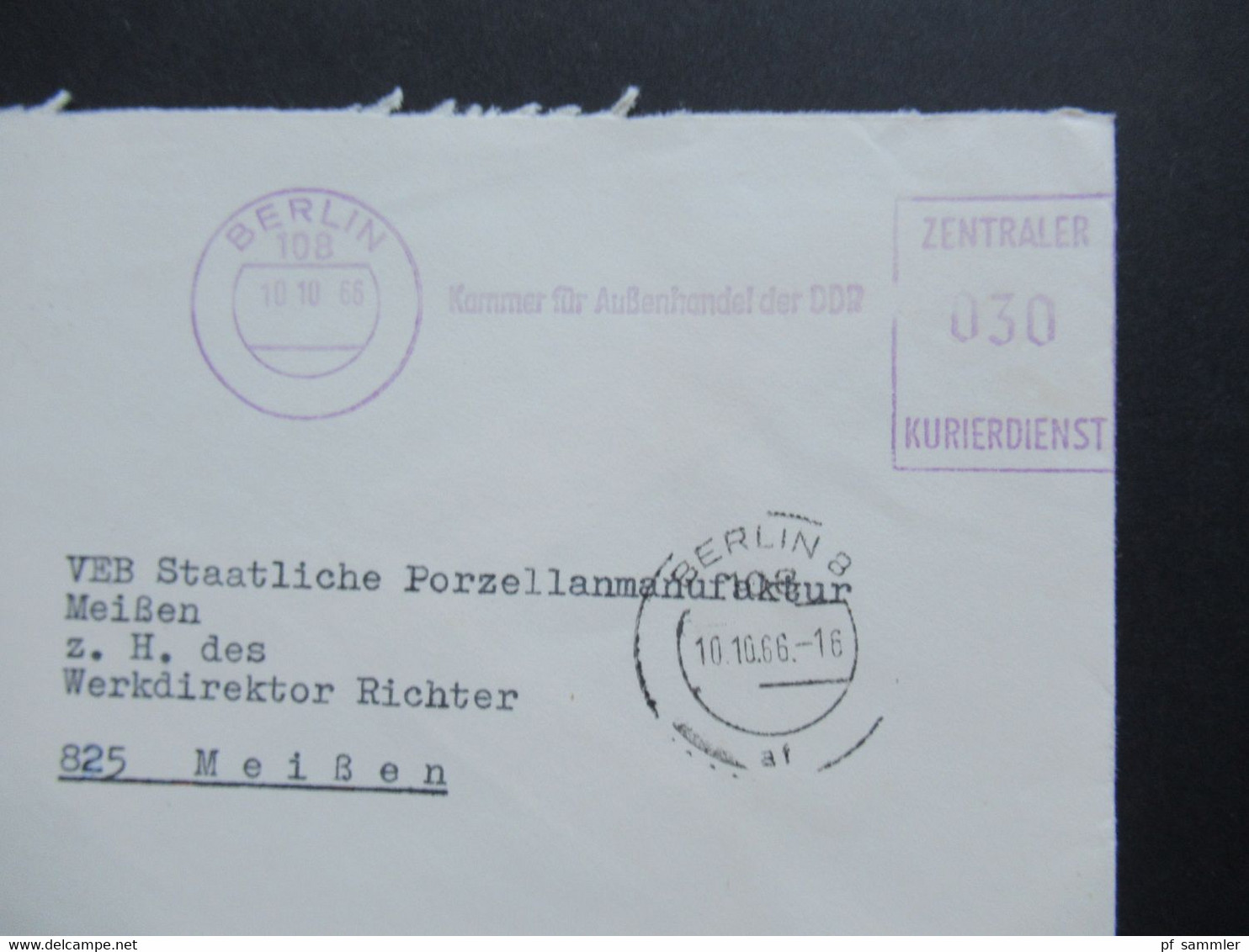 DDR 1966 ZKD Zentraler Kurierdienst Violetter Freistempel Kammer Für Aussenhandel Der DDR Berlin An VEB Porzellan Meißen - Altri & Non Classificati