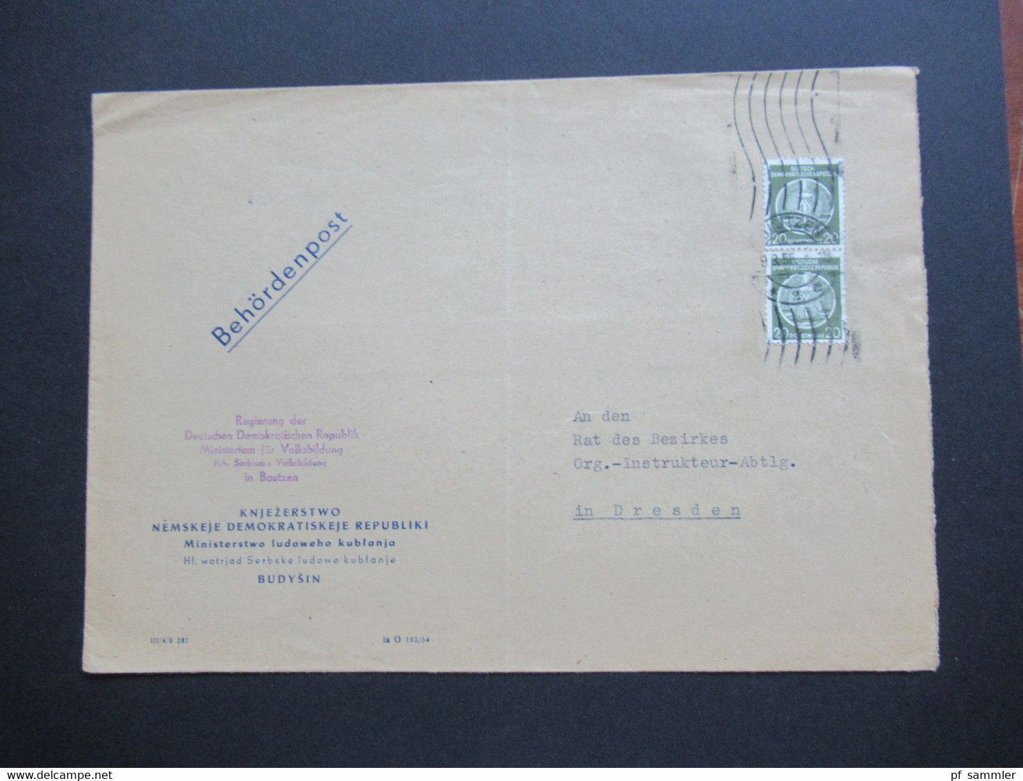 1955 Dienst Nr. 8 MeF Behördenpost Umschlag Zweisprachig Regierung Der DDR Ministerium Für Volksbildung Sorbische Volksb - Other & Unclassified