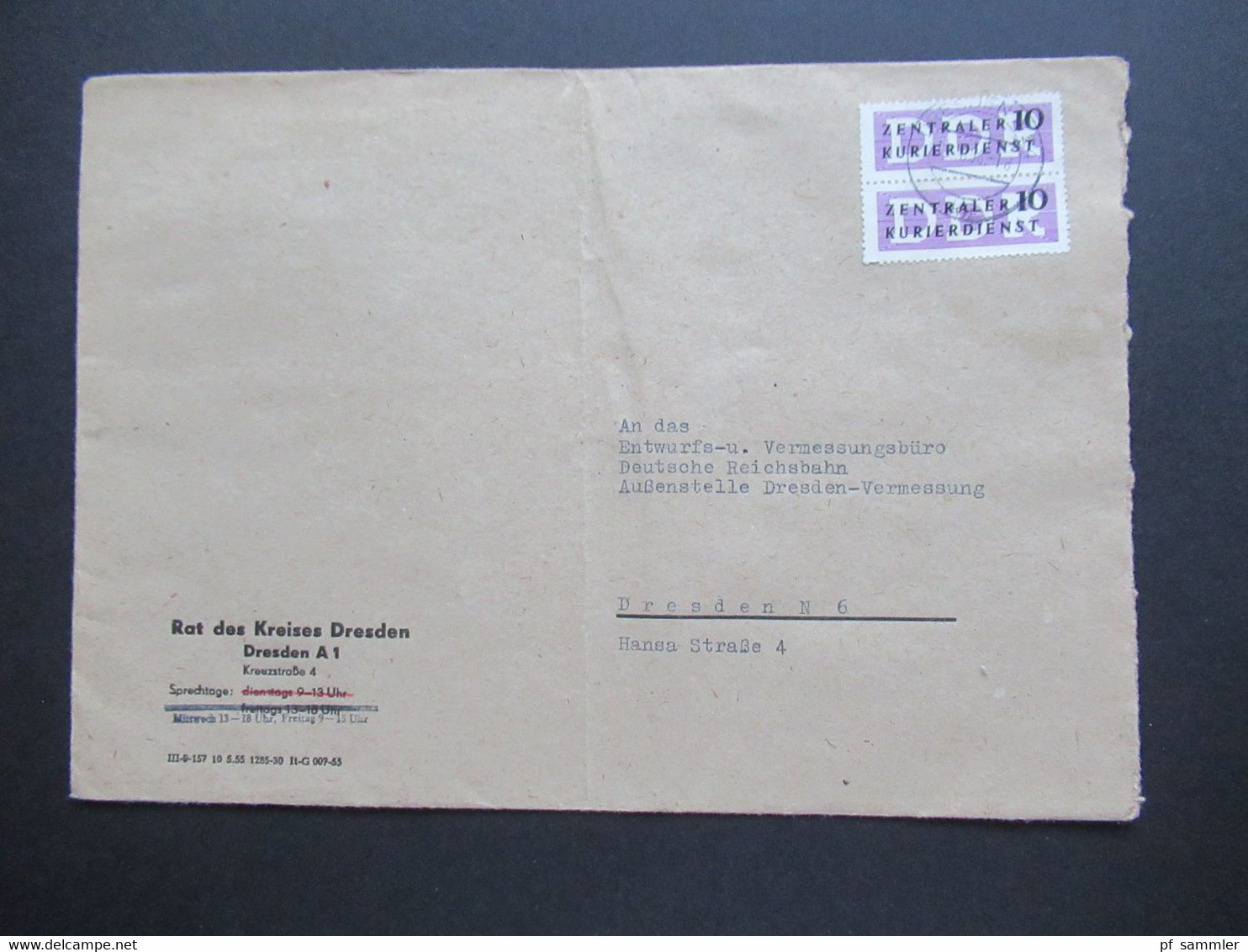 DDR 1956 Dienstmarke Für Den ZKD Nr. 6 MeF Rat Des Kreises Dresden An Das Vermessungsbüro D. Reichsbahn In Dresden - Altri & Non Classificati