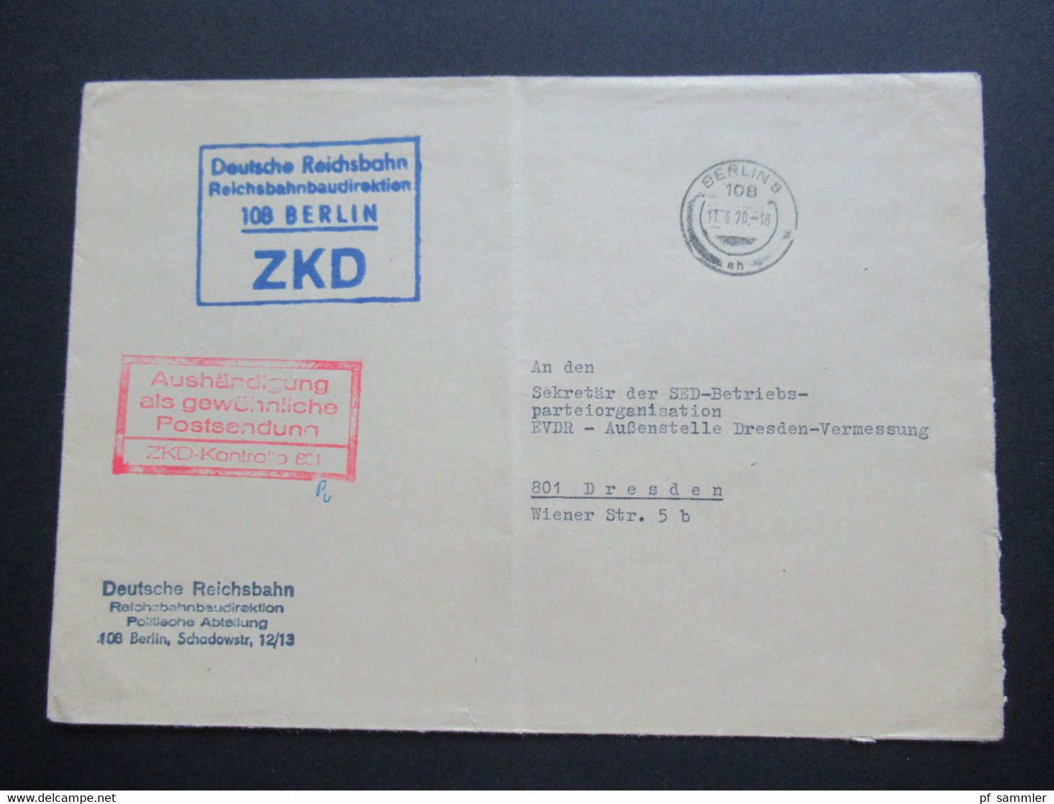 DDR 1970 ZKD Deutsche Reichsbahn Reichsbahnbaudirektion Berlin Roter Stempel Aushändigung Als Gewöhnliche Postsendung - Altri & Non Classificati