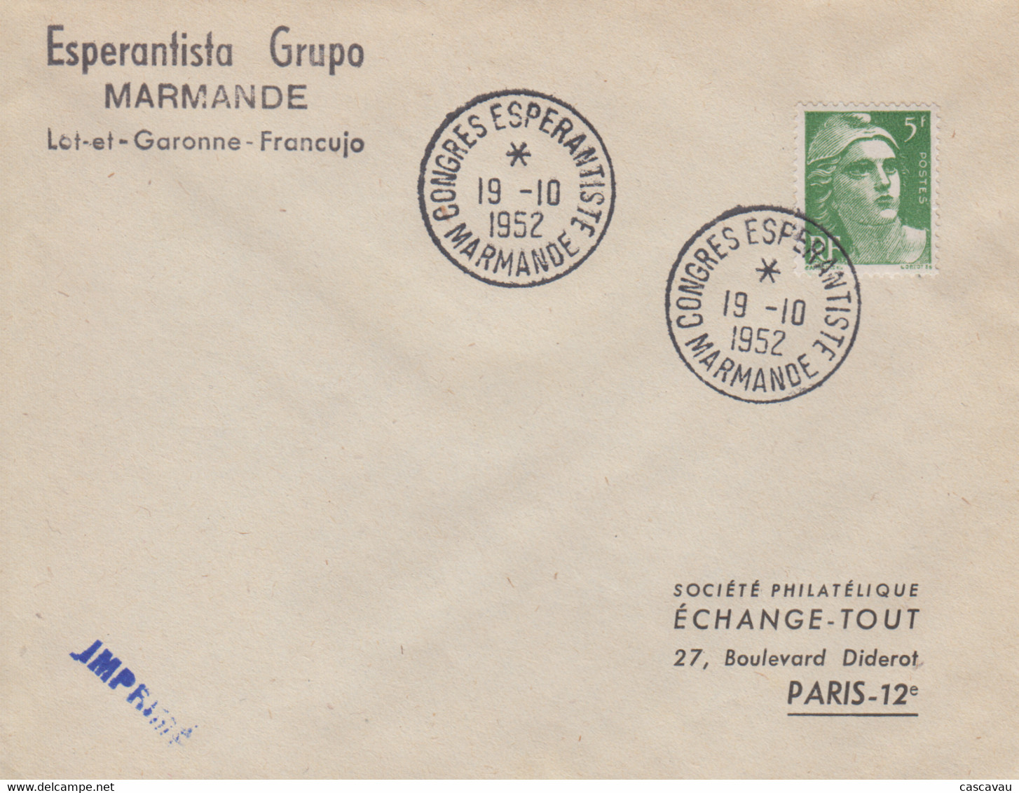 Enveloppe  FRANCE  CONGRES   ESPERANTO   MARMANDE    1952 - Esperanto