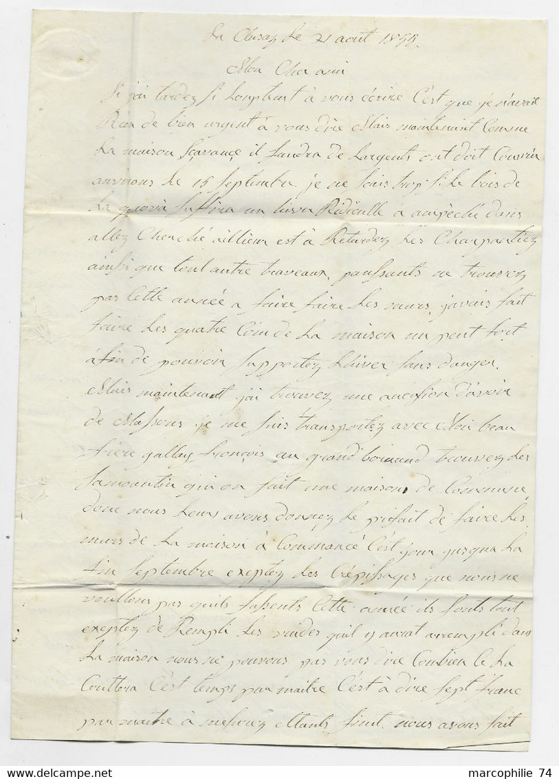 CACHET SARDE HAUTE SAVOIE NOIR  THONES 22 AOUT 1855 LETTRE  ECRITE DE LA CLUSAZ POUR PARIS TAXE 5 TAMPON - 1849-1876: Classic Period